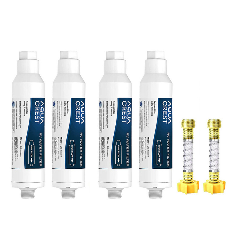 AQUA CREST RV Inline Water Filter 4 Pack with 2 Hose Protector, Reduces Chlorine