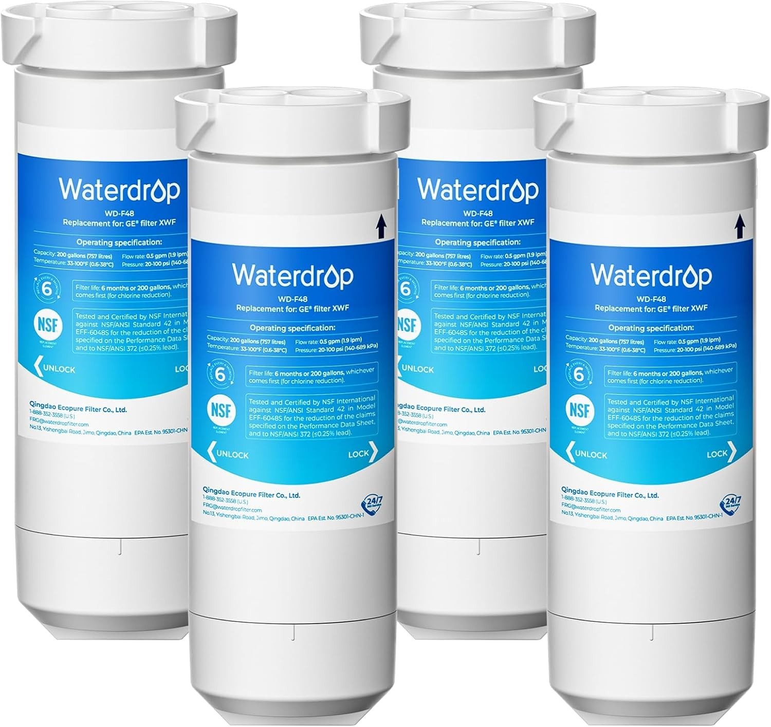 Waterdrop XWF Refrigerator Water Filter, Replacement for GE® XWF, 4 packs