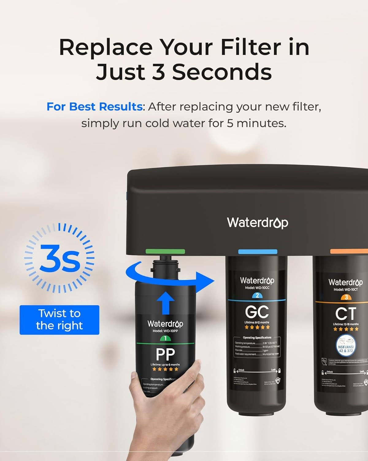 Waterdrop WD-10PP Under Sink Water Filter, Replacement TSA & TSB 3-Stage Under S