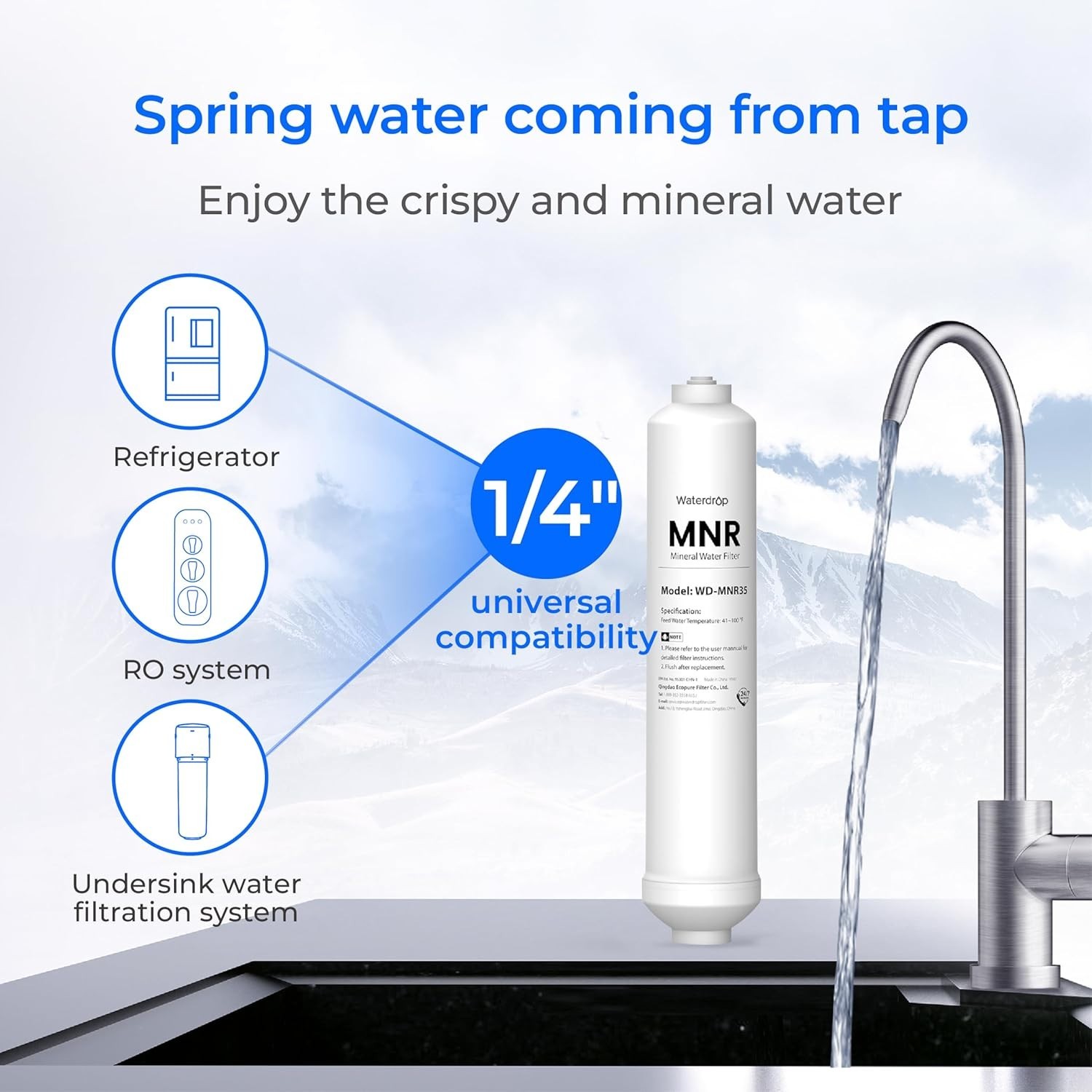 Waterdrop Remineralization Inline Water Filter, 1/4” Quick Connect Post Filter