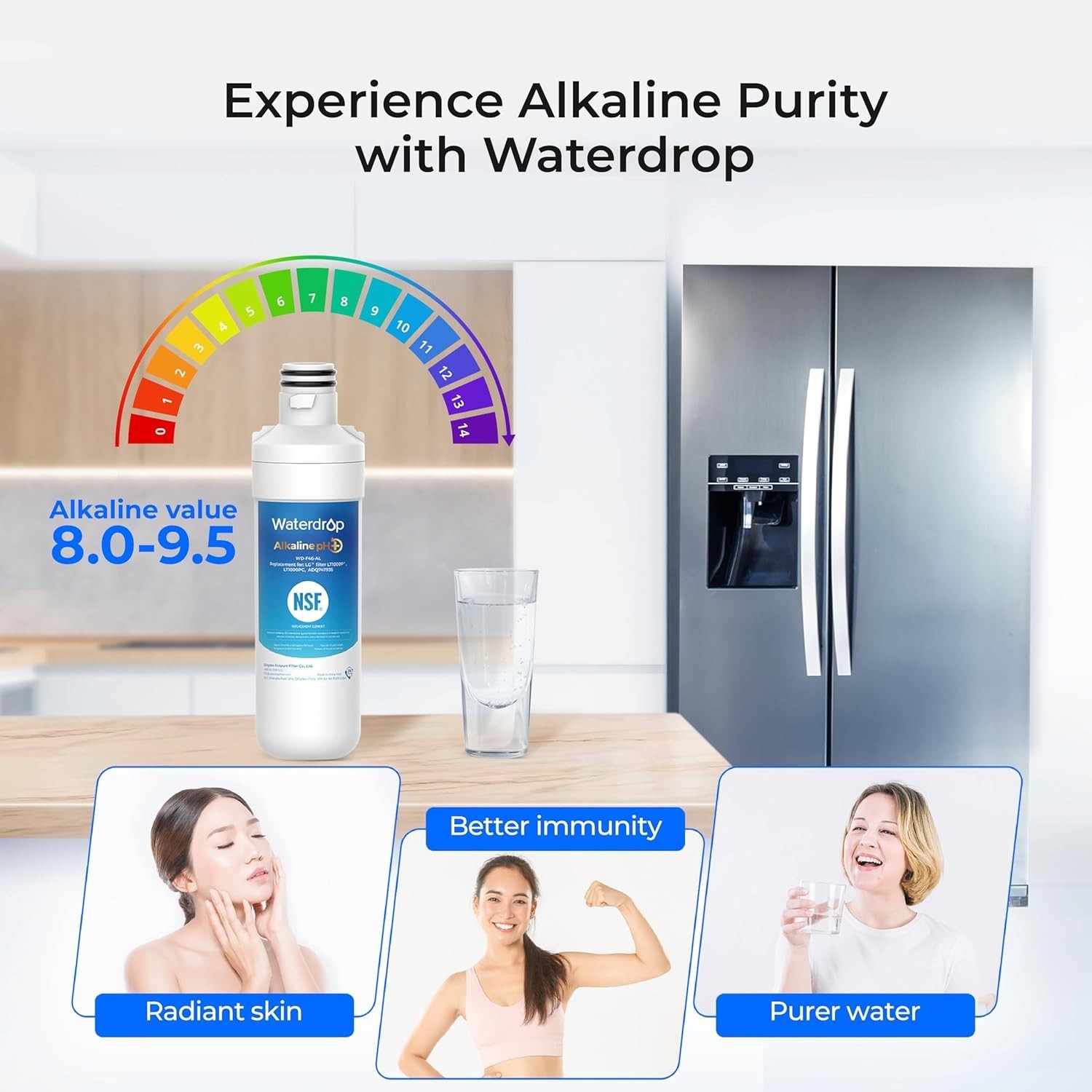 Waterdrop Alkaline Refrigerator Water Filters Replacement for LG® LT1000P®, (2)