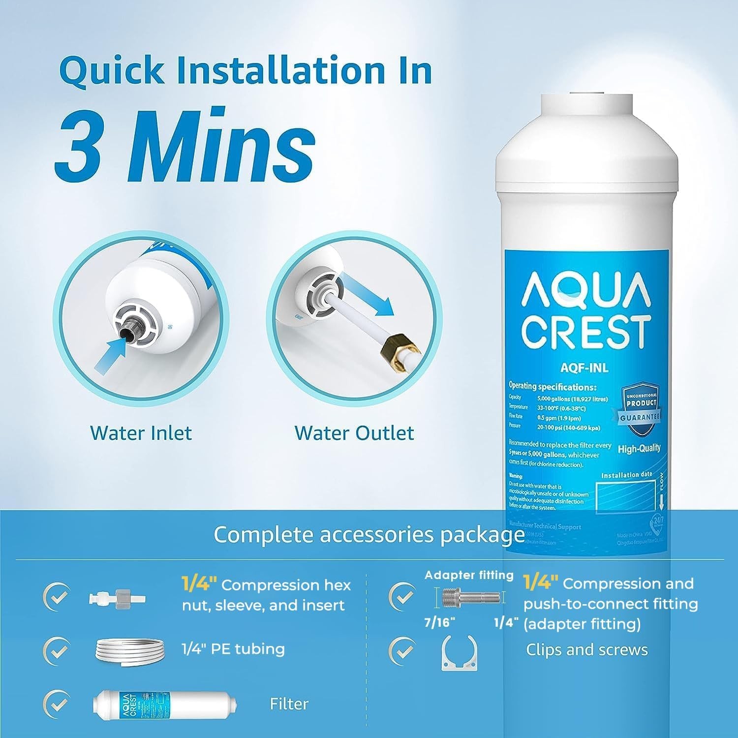 AQUA CREST Inline Water Filter for Refrigerator,Ice Maker,Under Sink System