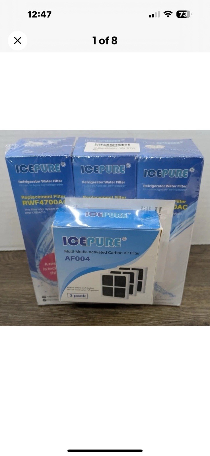 Ice Pure Refrigerator Water Filter 3 Pack RWF4700AC & Air Filter AF004 – NEW