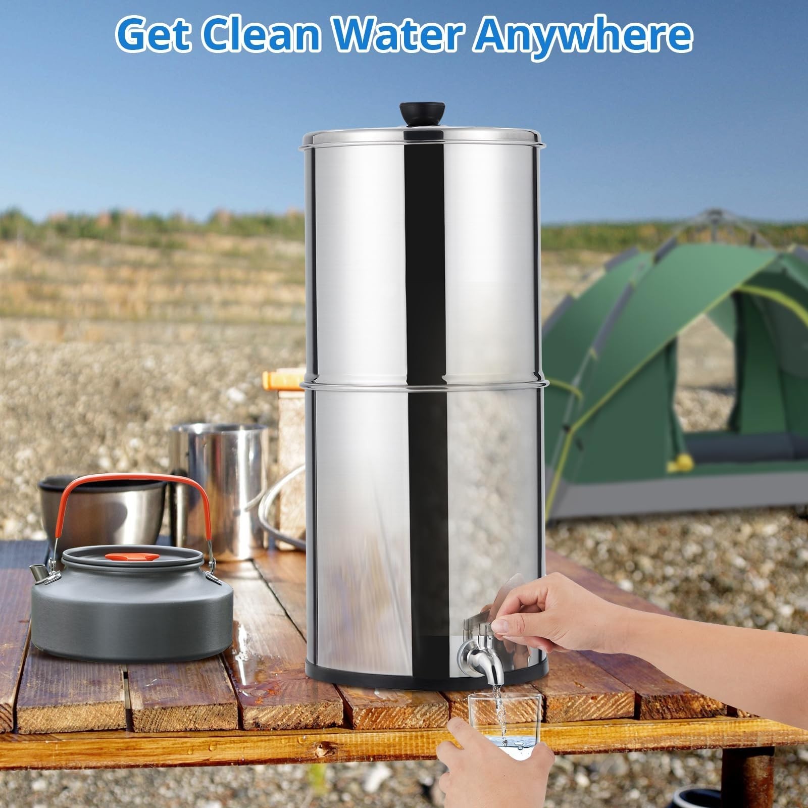 2.25G Gravity-fed Water Filter Countertop System Stainless Steel 2 Filters Stand