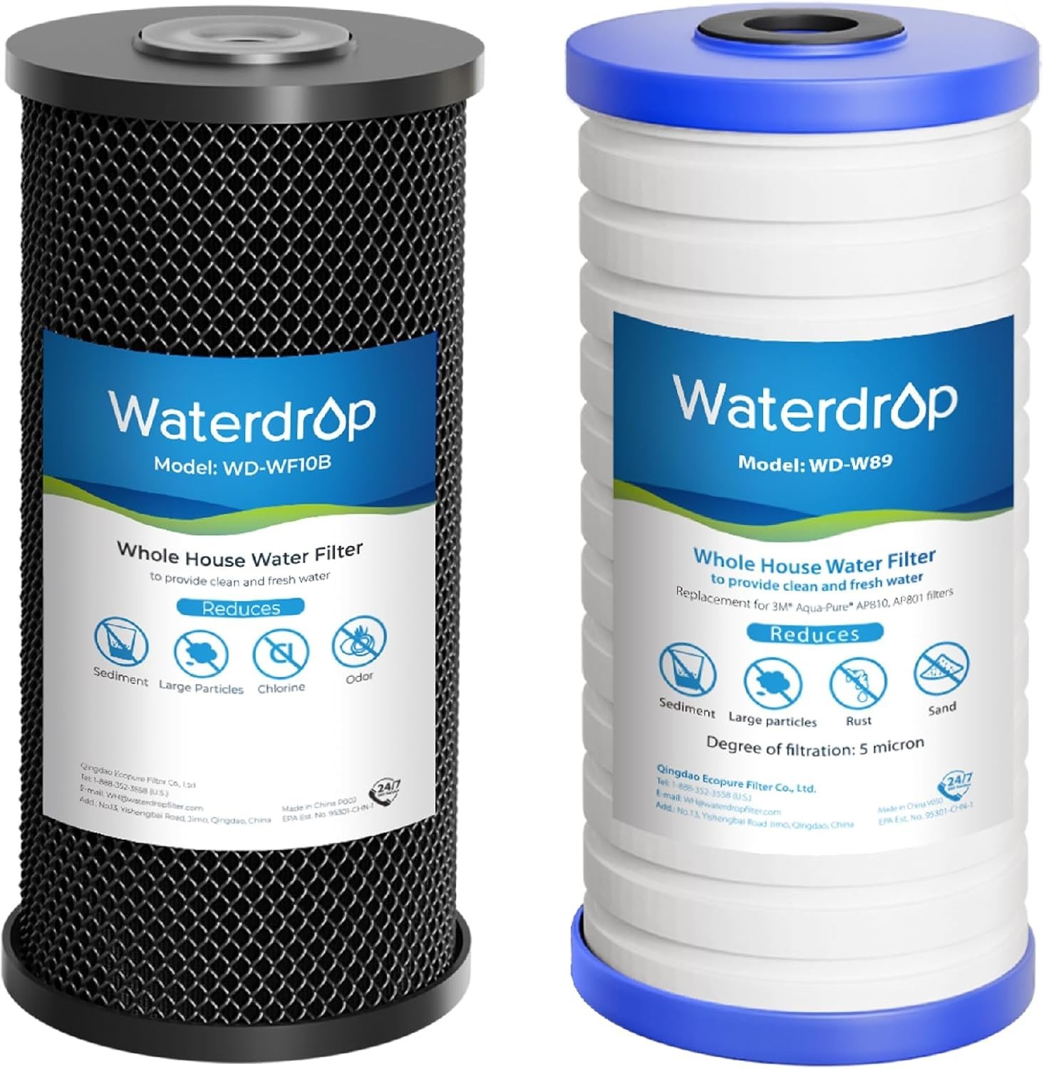 Waterdrop Whole House Water Filter Carbon, Any 10″ x 4.5″ System, 5 Micron