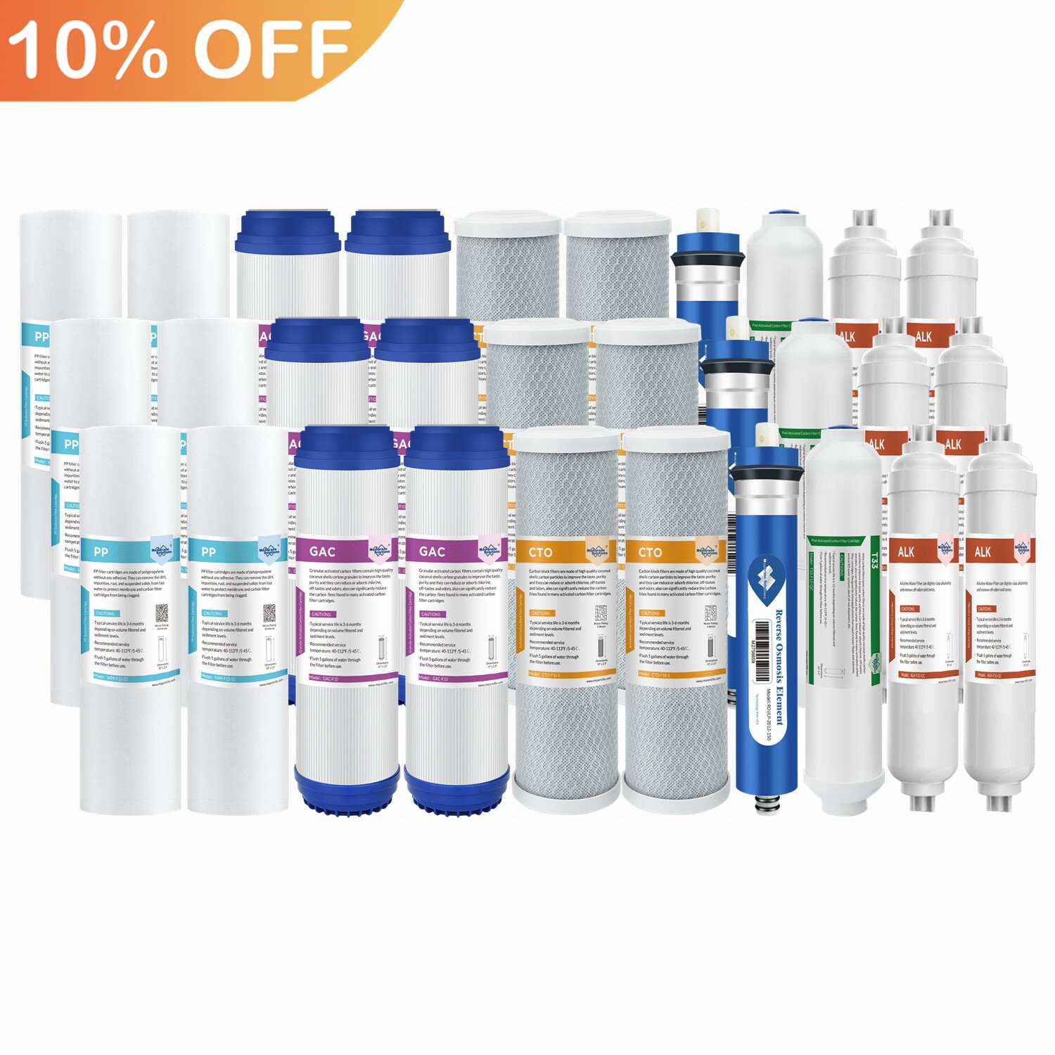 6 Stages pH Reverse Osmosis Water Filter Set w/ 36/50/75/100/150 GPD RO Membrane
