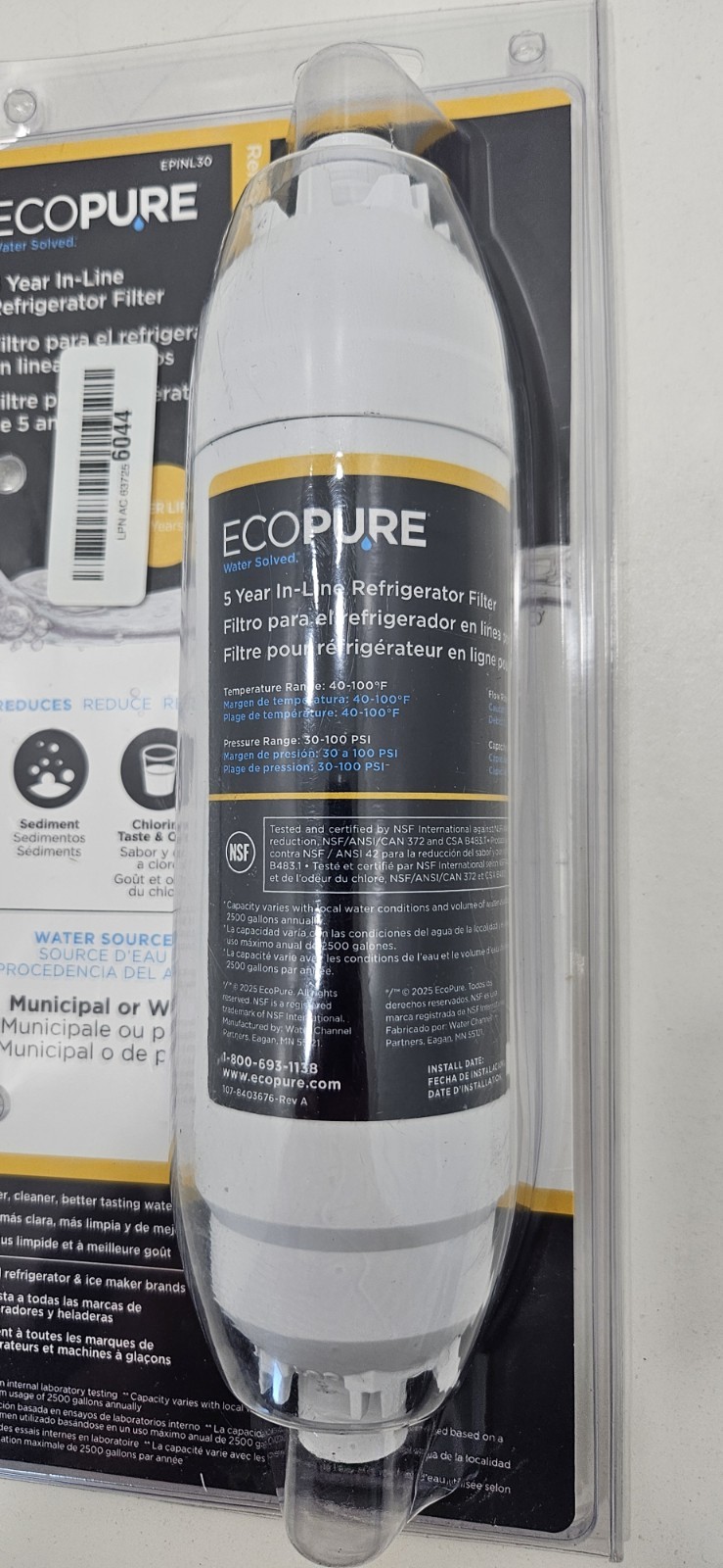 EcoPure EPINL30 5 Year In-Line Refrigerator Replacement Filter – Sealed New