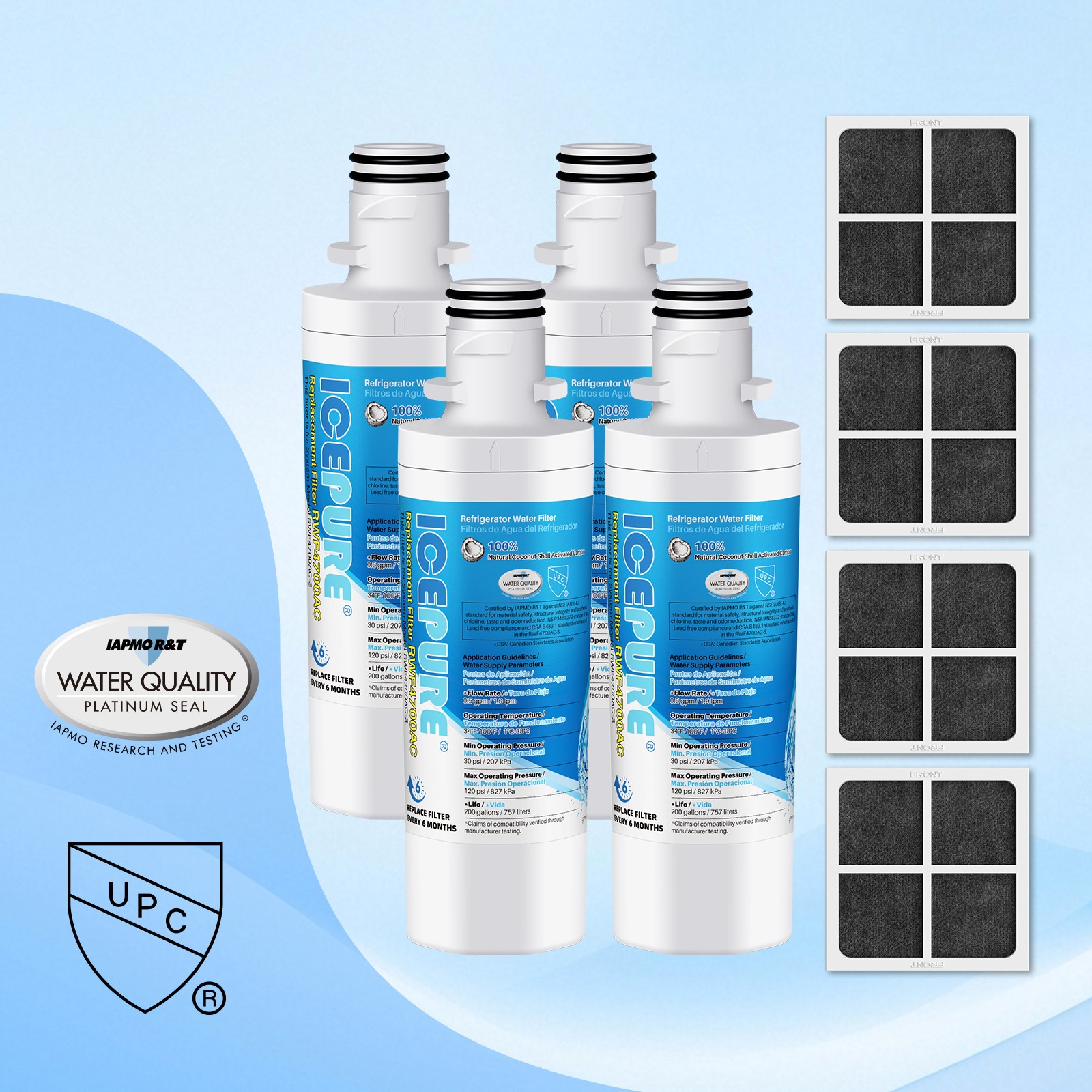 ICEPURE ADQ747935 Refrigerator Water Filter and Air Filter Replacement, 4PACK