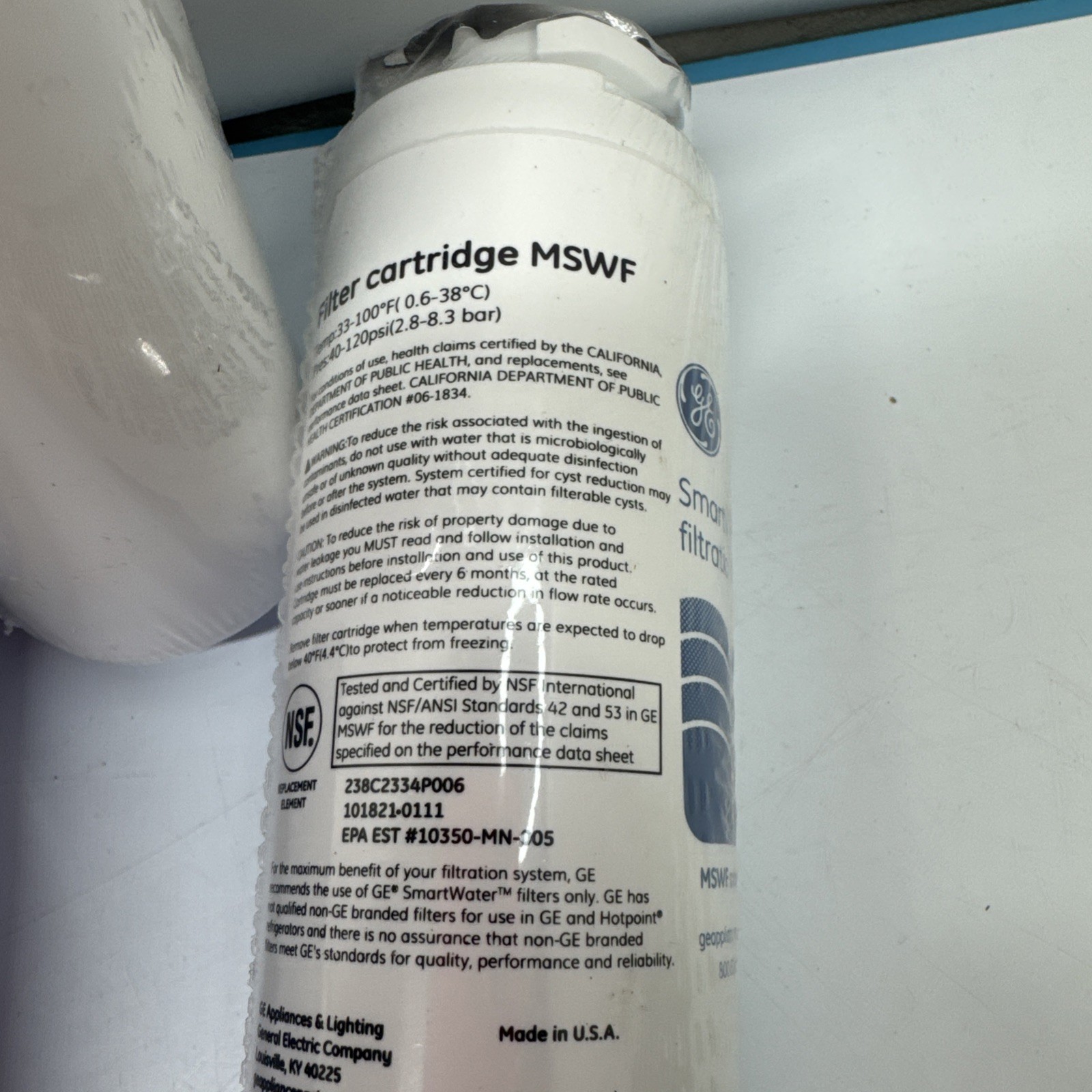 2 GE MSWF Smart Water Refrigerator Filter Refill Cartridge*Genuine* New & Sealed