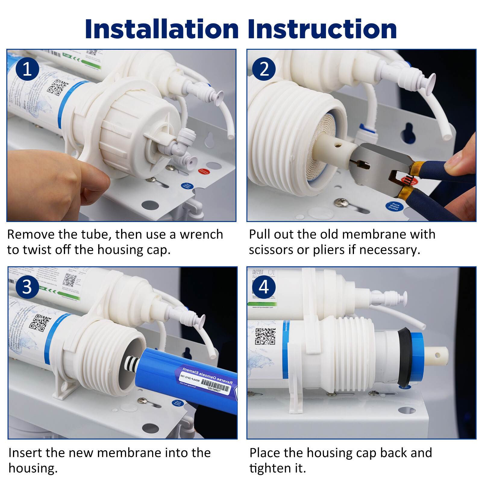 100 GPD RO Membrane Reverse Osmosis System Water Filter Housing+Fittings+Wrench