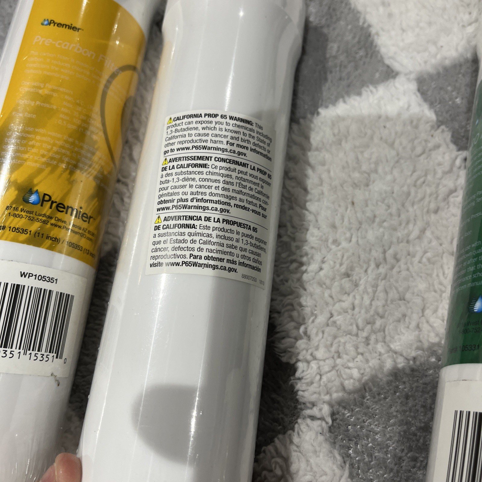RO Water Replacement Cartridge 2 Yellow 1 Blue 1 Green Push Button, Sealed.
