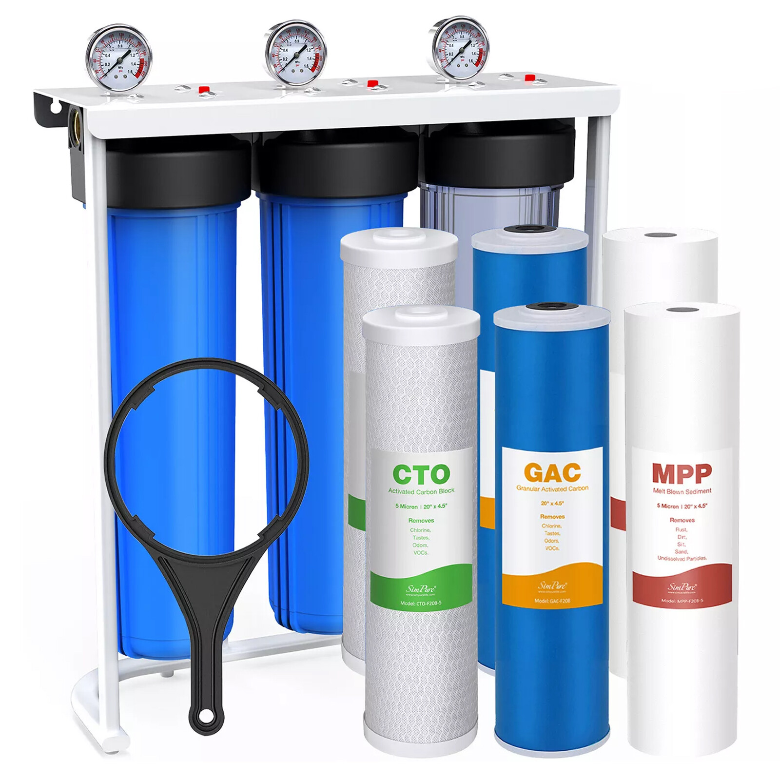 4.5″x20″ Big Blue Whole House 3 Stage Well Water Filter System + 2 Year Filter