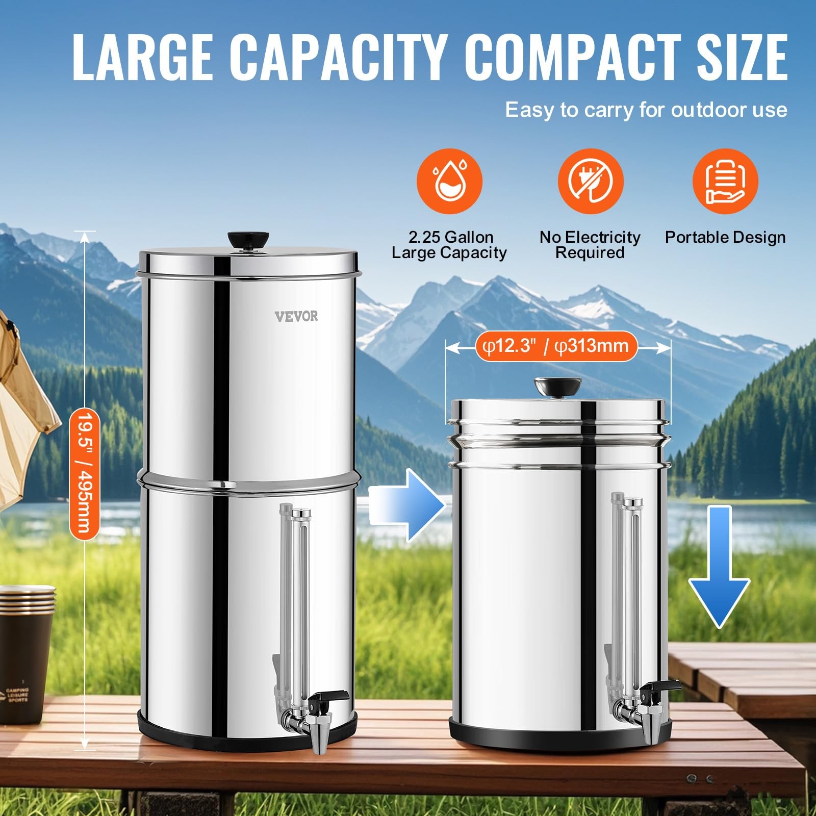 Stainless Steel Gravity Water Filter 2.25 Gallon Countertop Portable Reduces Chl