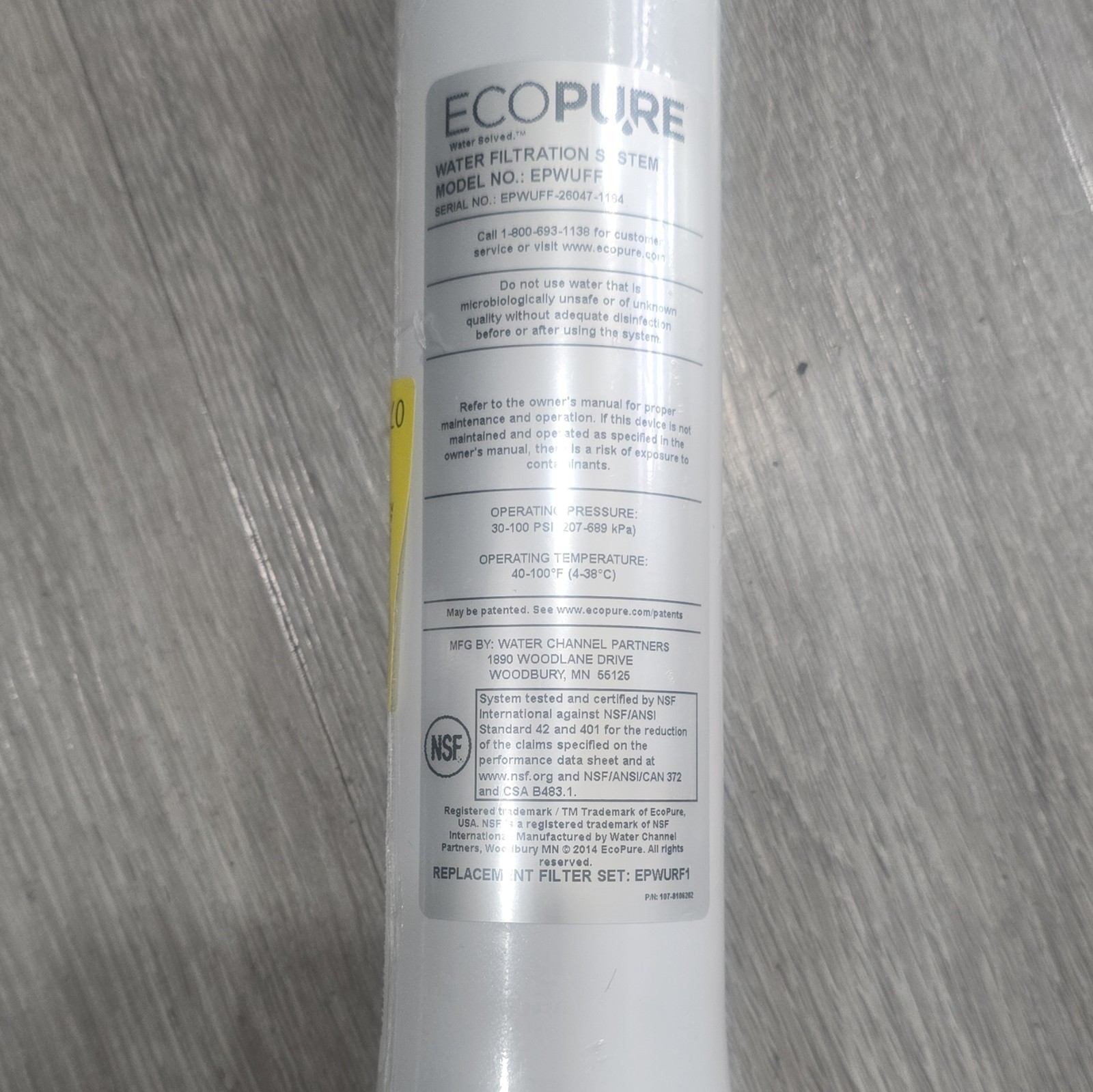 EcoPure EPWUFF Replacement Water Filter, Carbon/Charcoal, Chlorine Taste/Odor