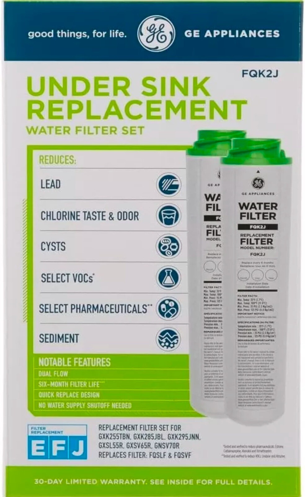 2 PACK GE FQK2J Under Sink Dual Flow Drinking Replacement Water Filter USA