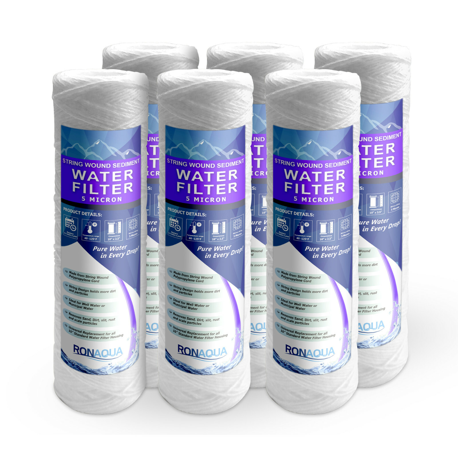 Wound String Sediment 5 Micron Water Filter Cartridge 2.5″ x 10″ 6 Pack