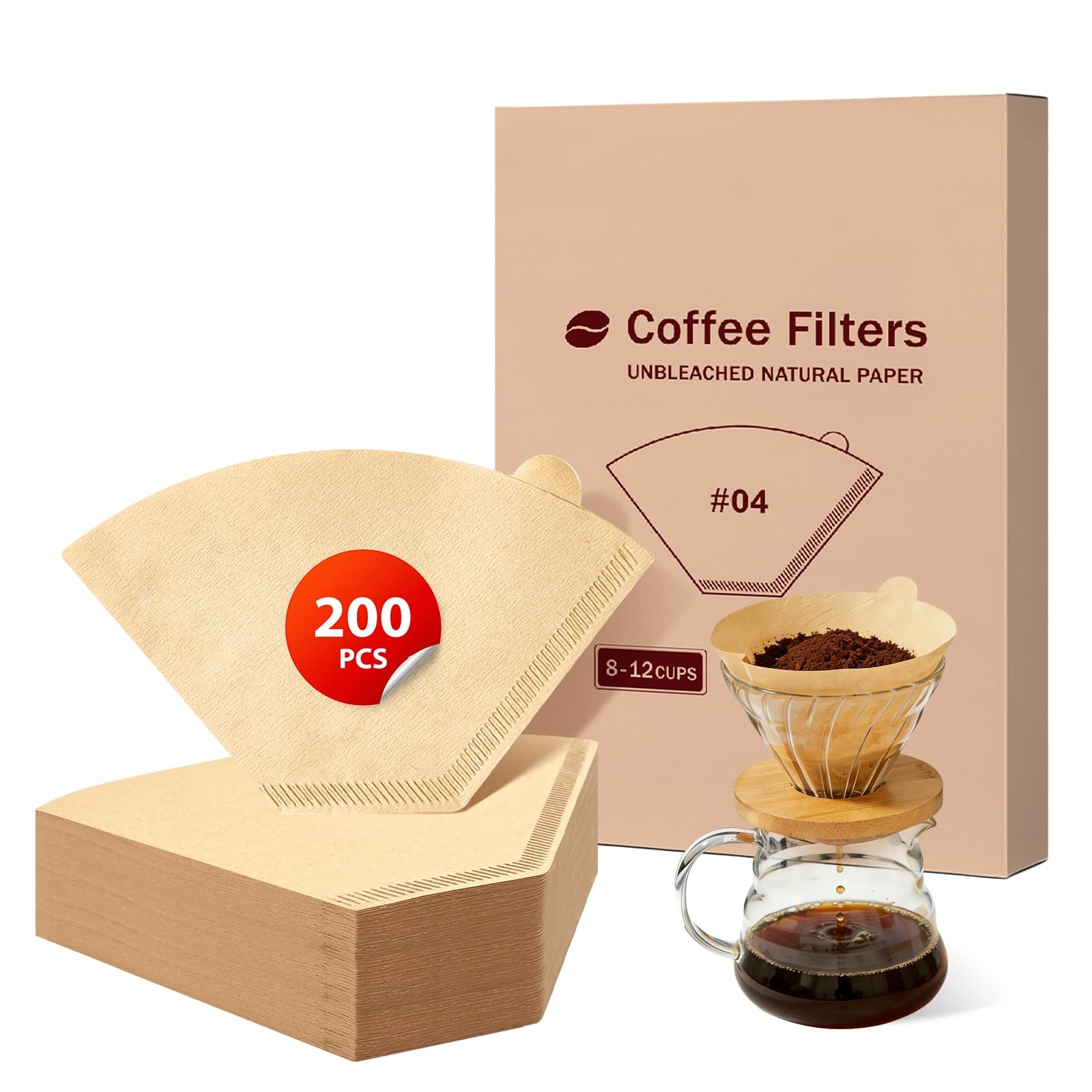 200 Count Coffee Filters #4, Disposable Cone Size 04, Wood
