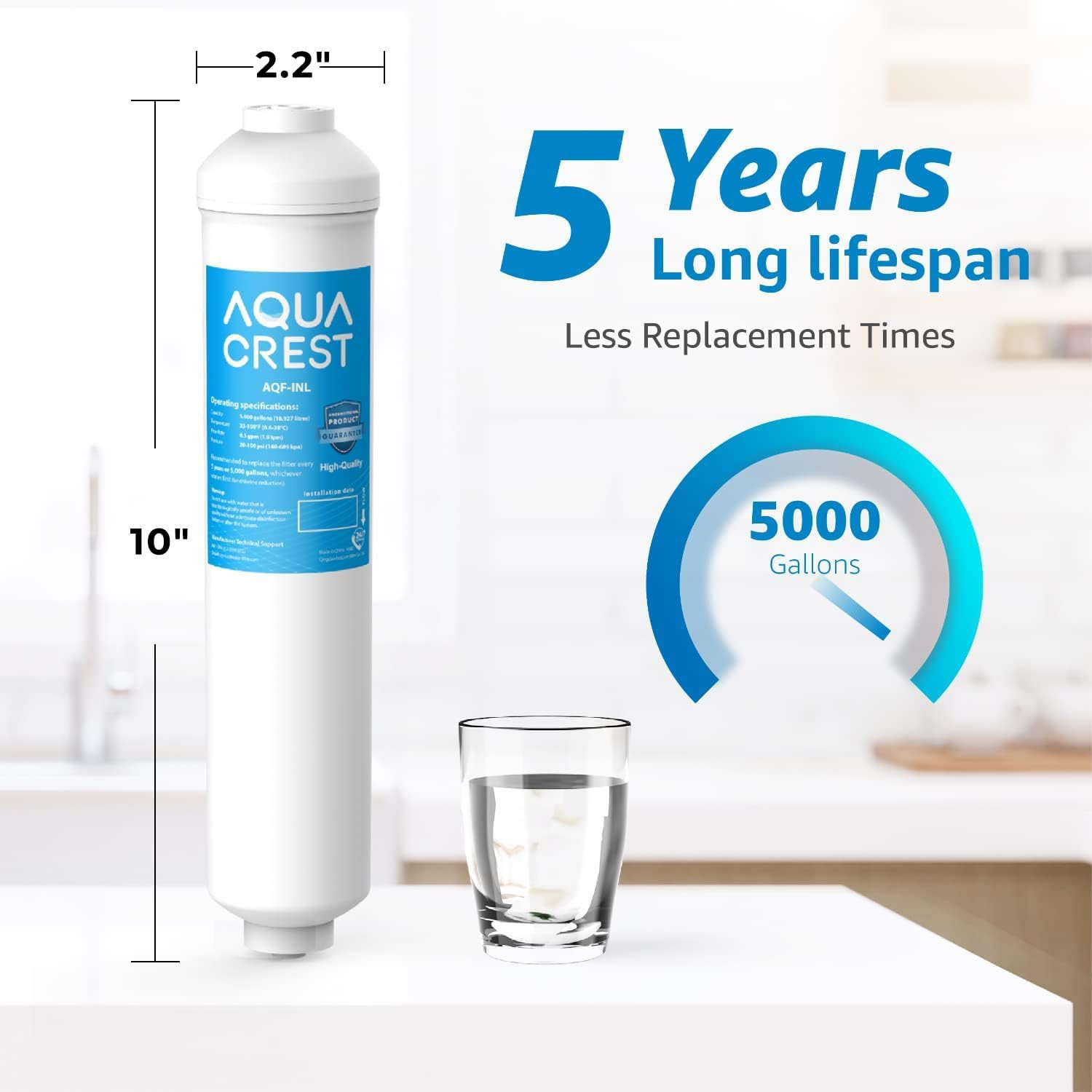 AQUA CREST 5 Years Capacity -Inline Water Filter for Refrigerator with 1/4-Inch