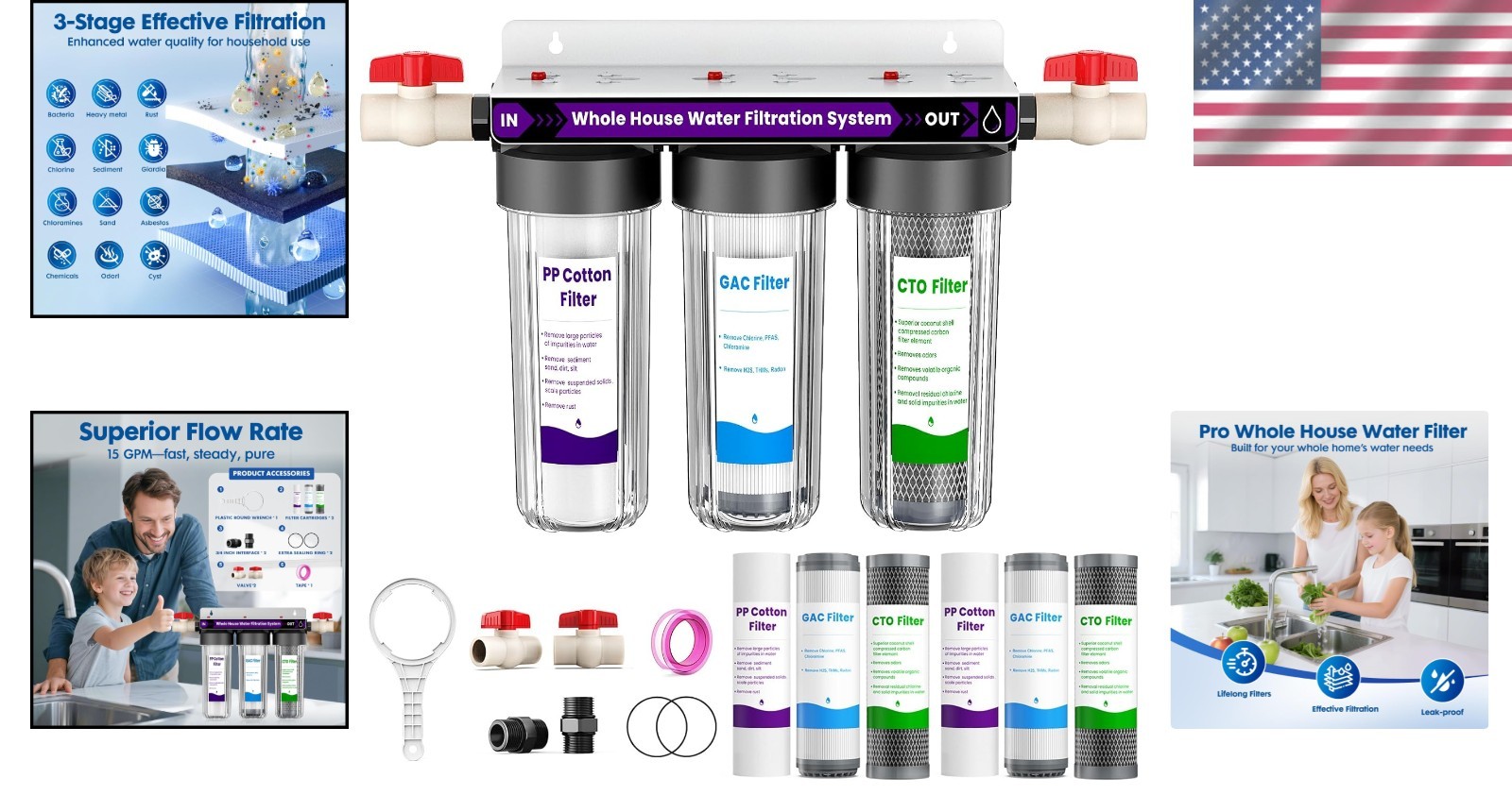 Whole House Water Filter Carbon Fiber 3-Stage High Flow 15 GPM