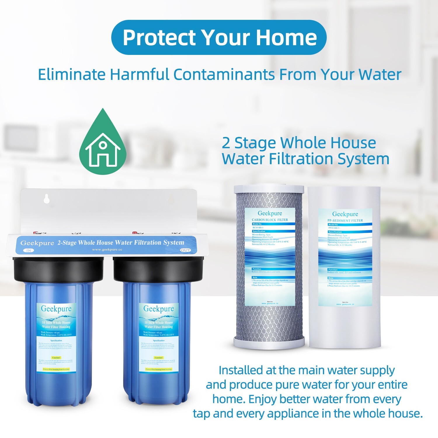 Geekpure 2 Stage Whole House Water Filter System 1″ Port 10″ x 4.5″ w/ PP Carbon