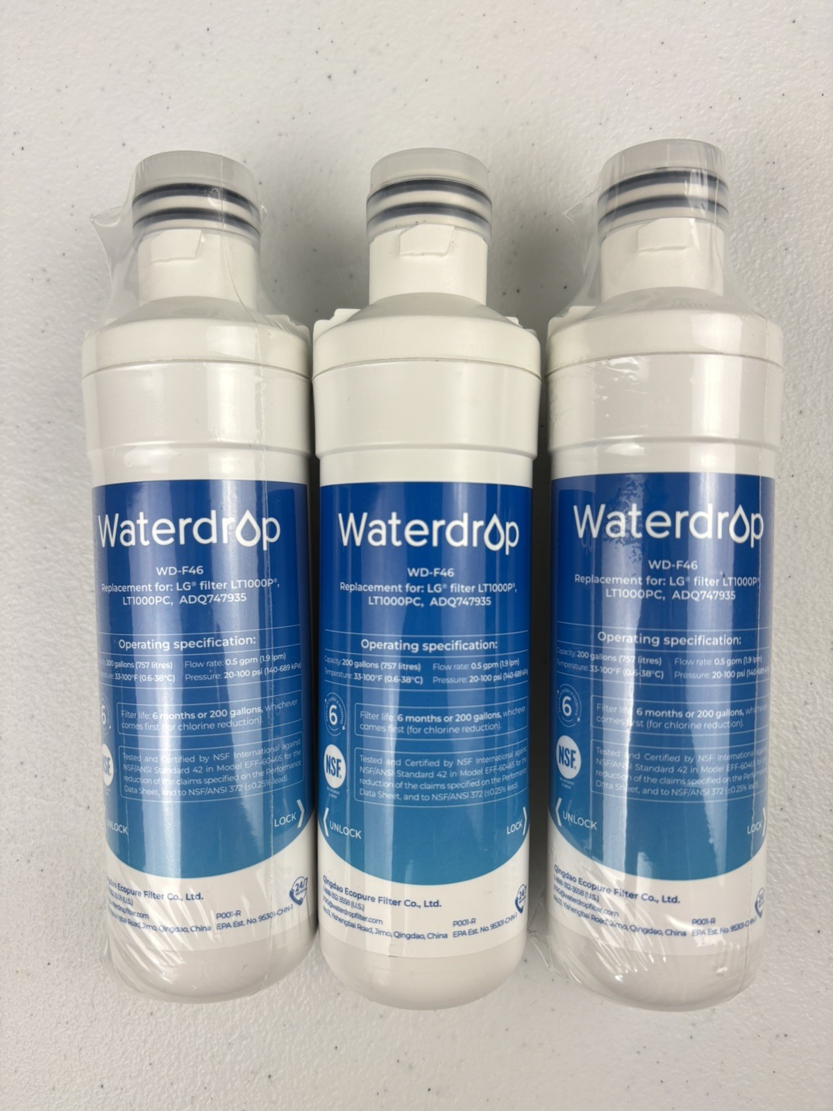 Set of 3 Waterdrop WD-F46 Replacement Refrigerator Water Filters for LG LT1000