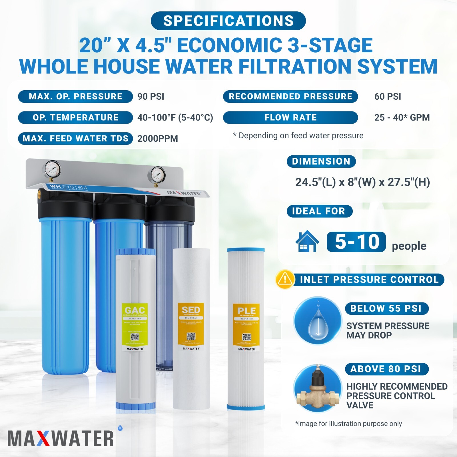 Max Water 3 Stage 20″x4.5″ Big Blue 1″ Whole House Water Filter/2 Pressure Gauge