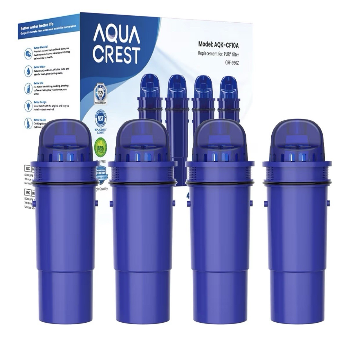 AQUA CREST Pitcher Water Filter,Replacement For PPT700W,CR-1100C,CRF-950Z,4 Pack