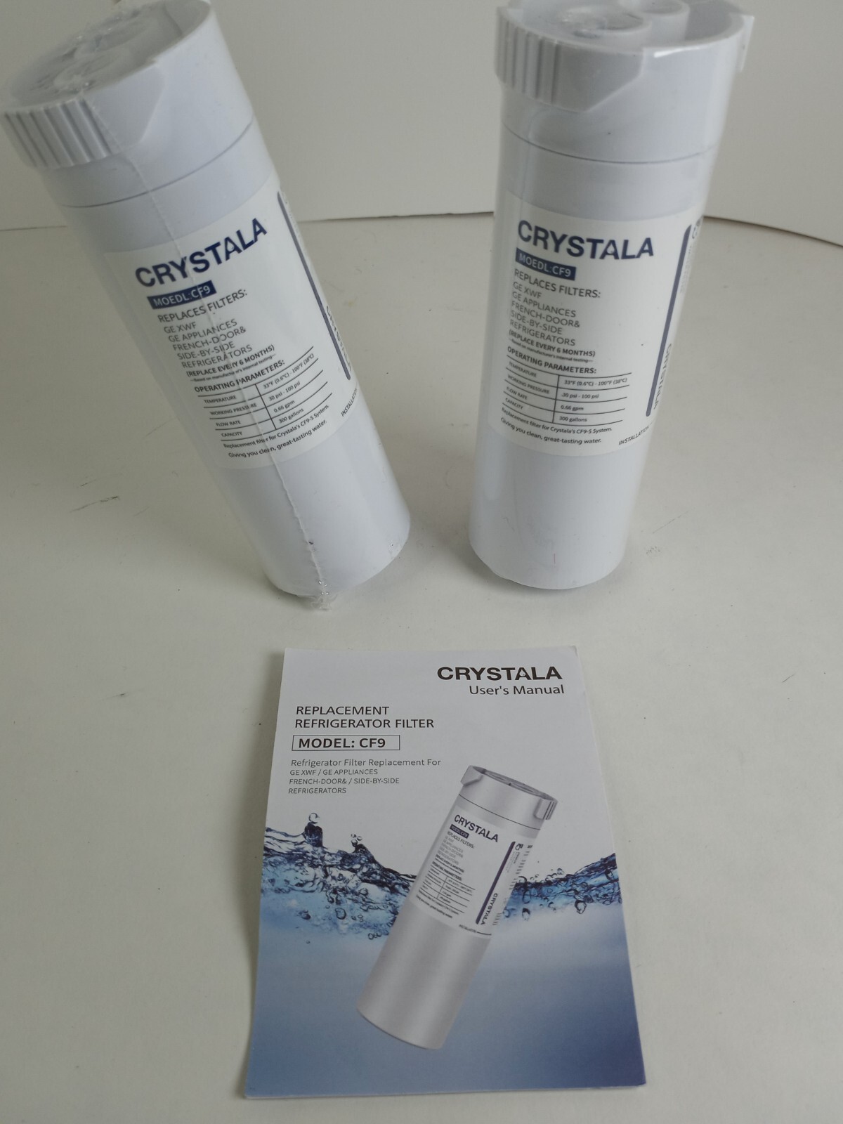 2 Crystala Replacement Refrigerator Water Filter for CF9 GE XWF Side by Side NEW