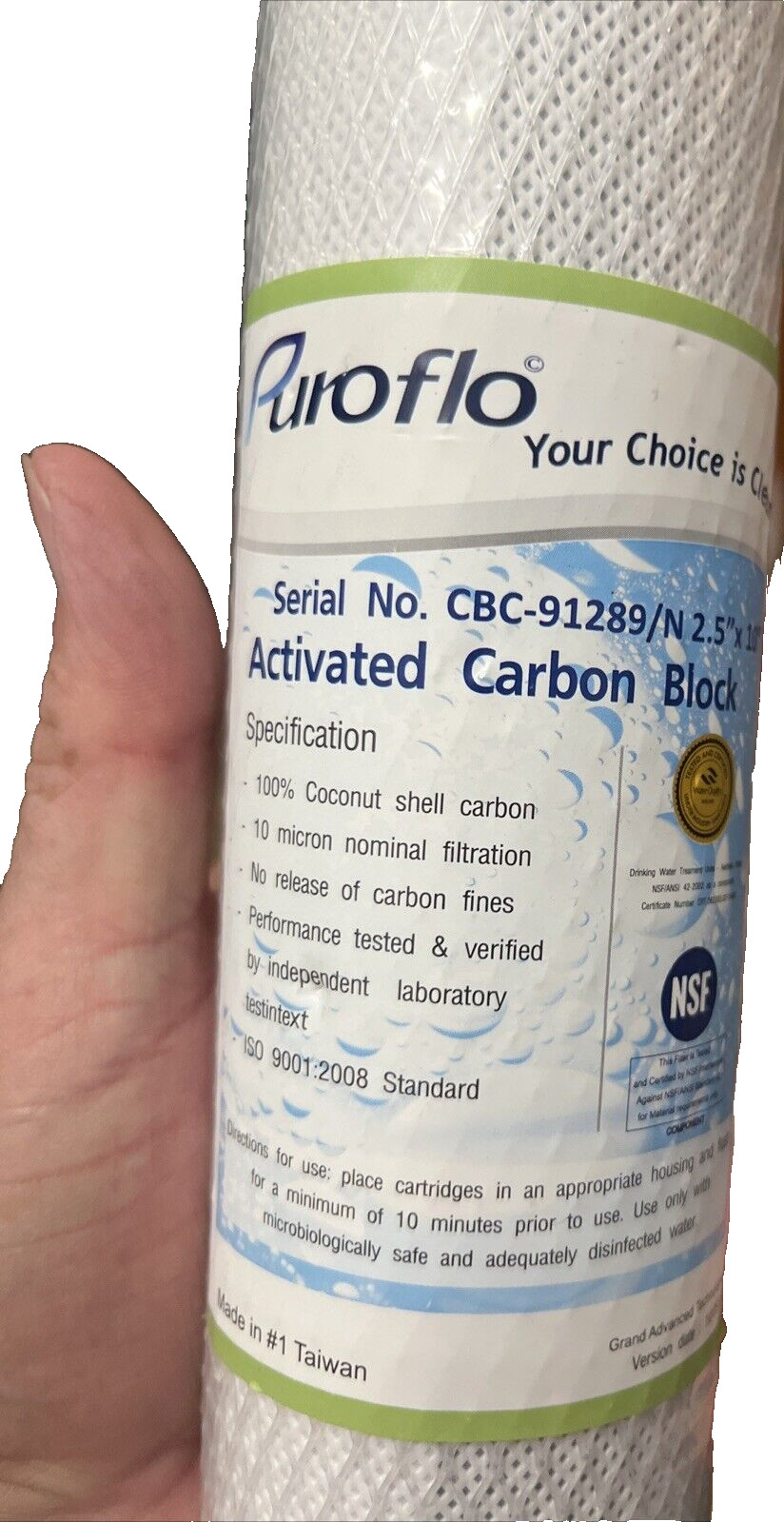Puroflo Activated Carbon Block Filter, Standard 10 inches, 91289/N 2.5 X 10 NEW