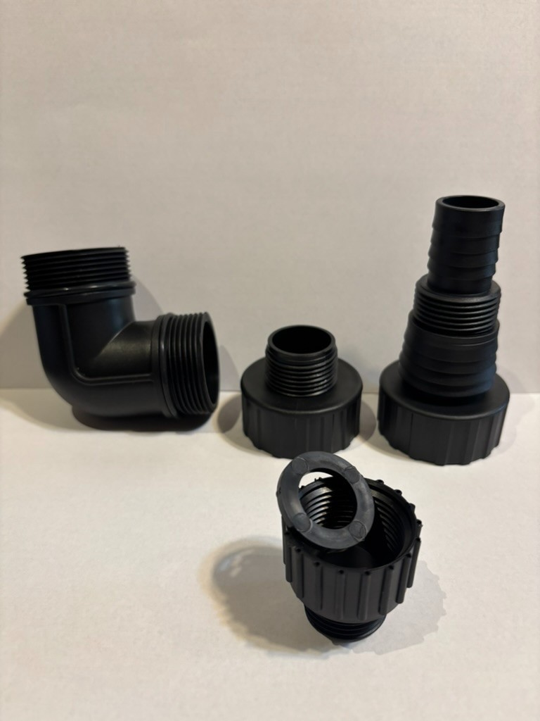 PVC 1.5″ Threaded Elbow, Multi-Adapters for 1″, 3/4″, two sizes barbed fittings