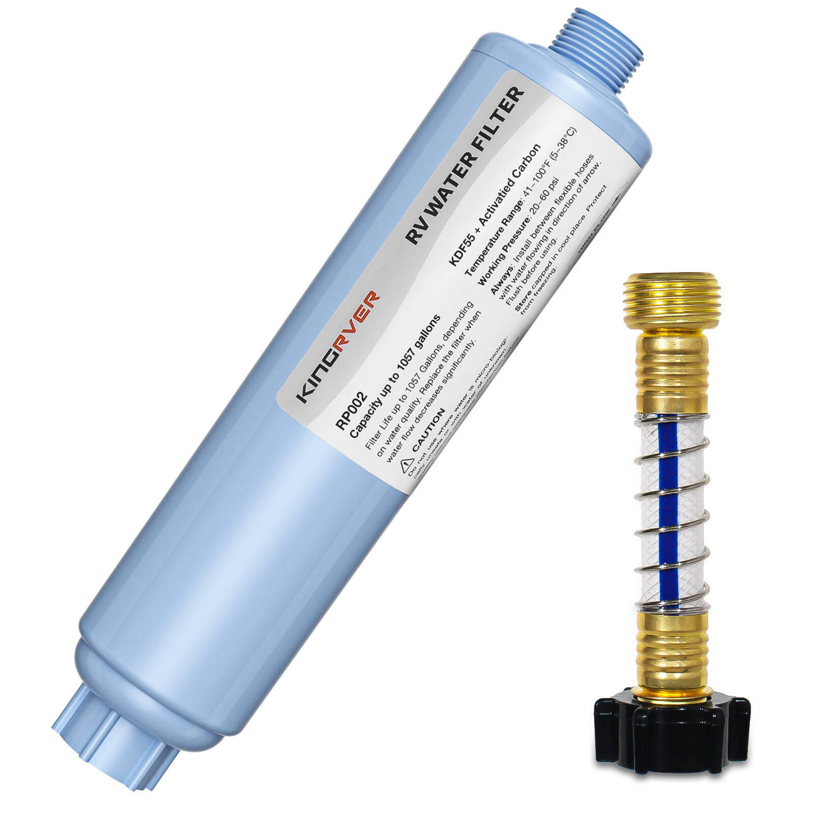 RV Water Filter w/ Flexible Hose Protector GAC & KDF Filtration for Fresh Drink