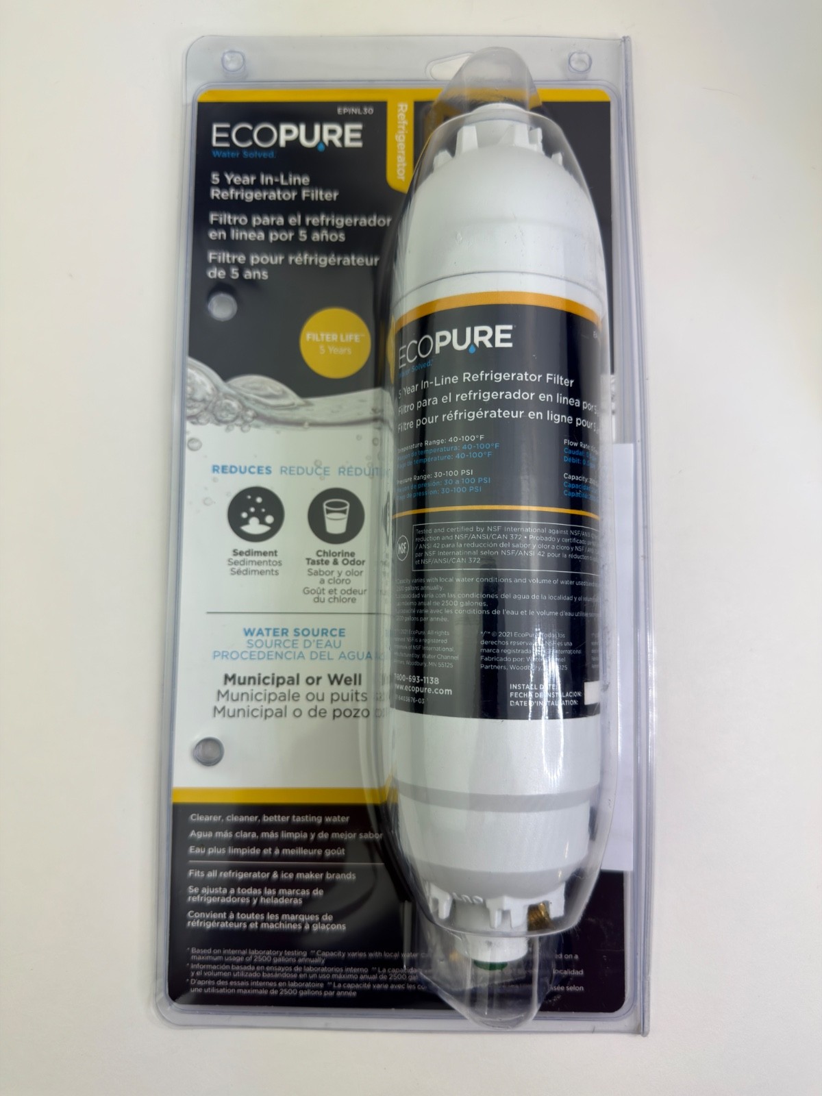 EcoPure EPINL30 5 Year In-Line Refrigerator Water Filter Ice Maker Inline NEW