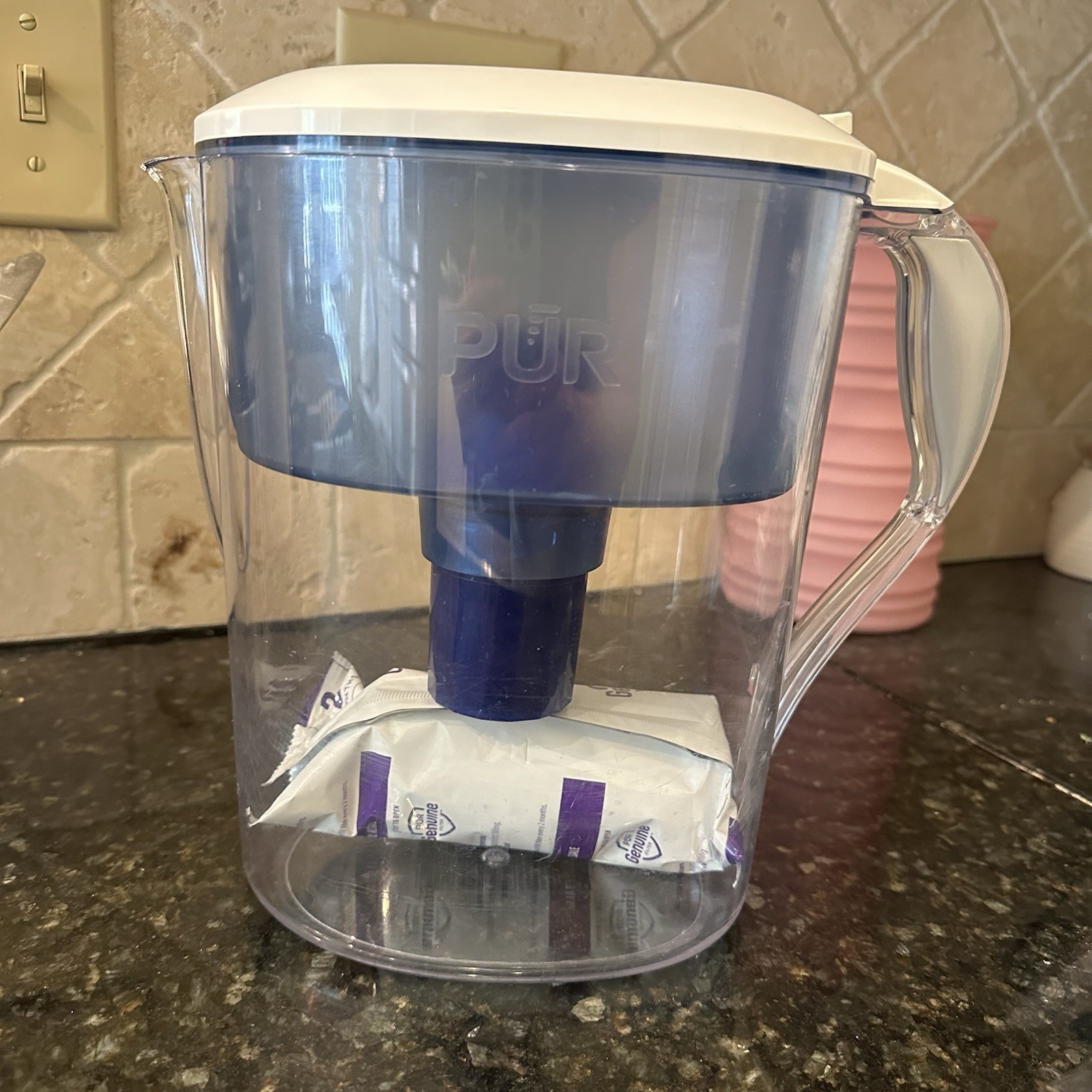 PUR 7 Cup Pitcher Filtration System, White and Blue, Dispenser Jug With Handle