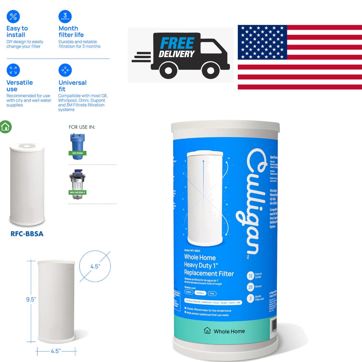 Heavy Duty Water Filter 10 x 4.5 Inch 25 Micron Compatible with Multiple Systems