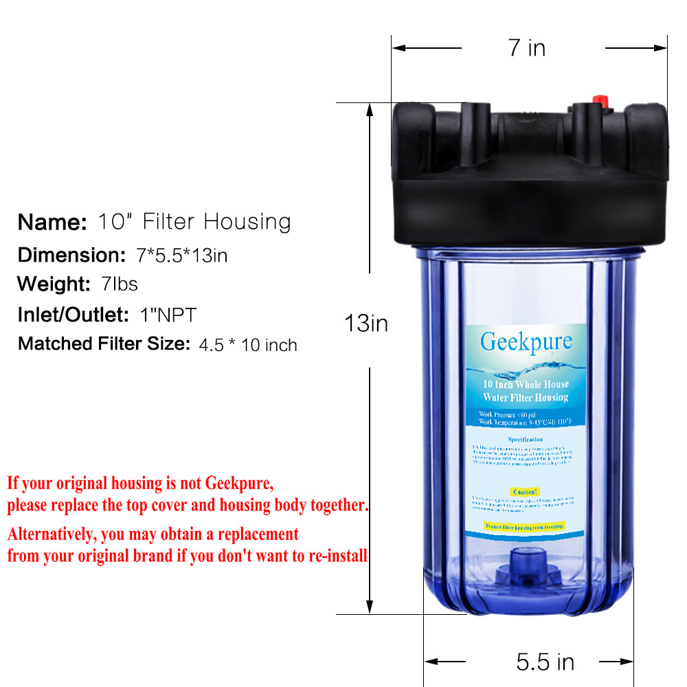 Geekpure 10″ Whole House Water Filter Housing 1″NPT Fit 4.5″ x 10″ Filters Used
