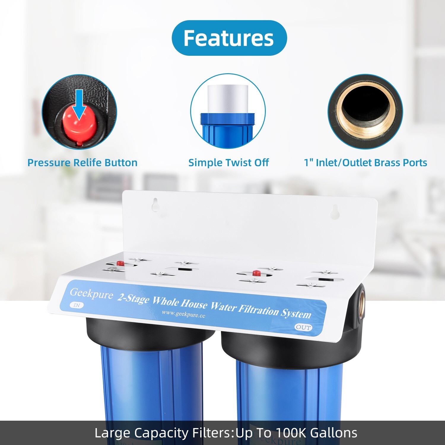 2 Stage Whole House Water Filter System with 10 Inch Housing-1 Inch In&Out