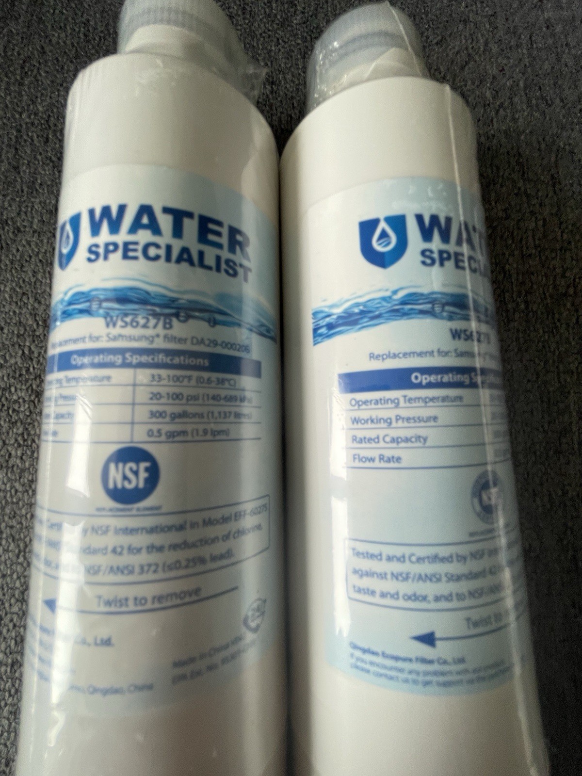 2 Pack NEW unopened Waterspecialist NSF WS627B water filter. Samsung DA29-00020B