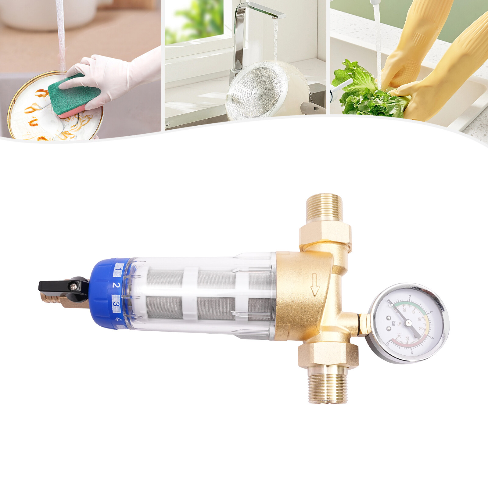 3T/792.52Gal 8.27*3.39in Clear& Coppery& Blue Water Filter W/ Pressure Gauge