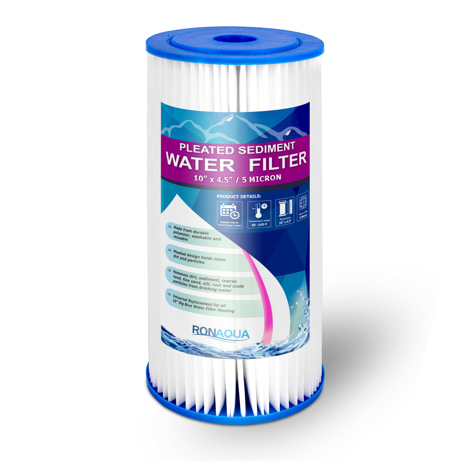 Big Blue Pleated Sediment Water Filter Washable 5 Micron Cartridges 4.5 x 10