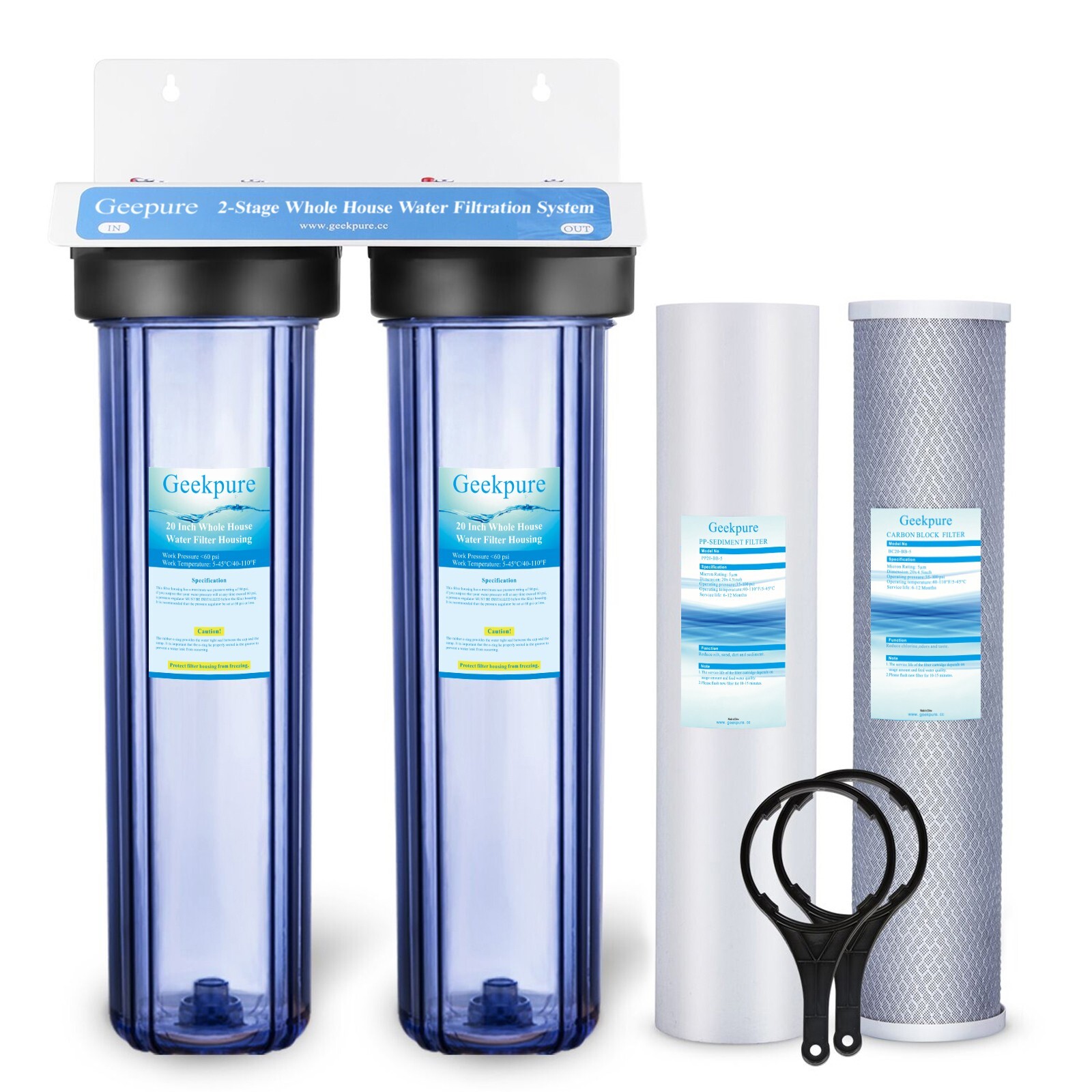 2 Stage 20″ Clear Housing For Whole House Water Filter System 1″-PP Carbon block
