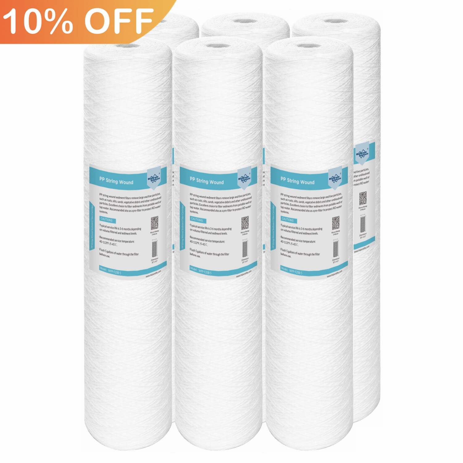 6 Pack 20″ x 4.5″ Big Blue Whole House System String Wound Sediment Water Filter