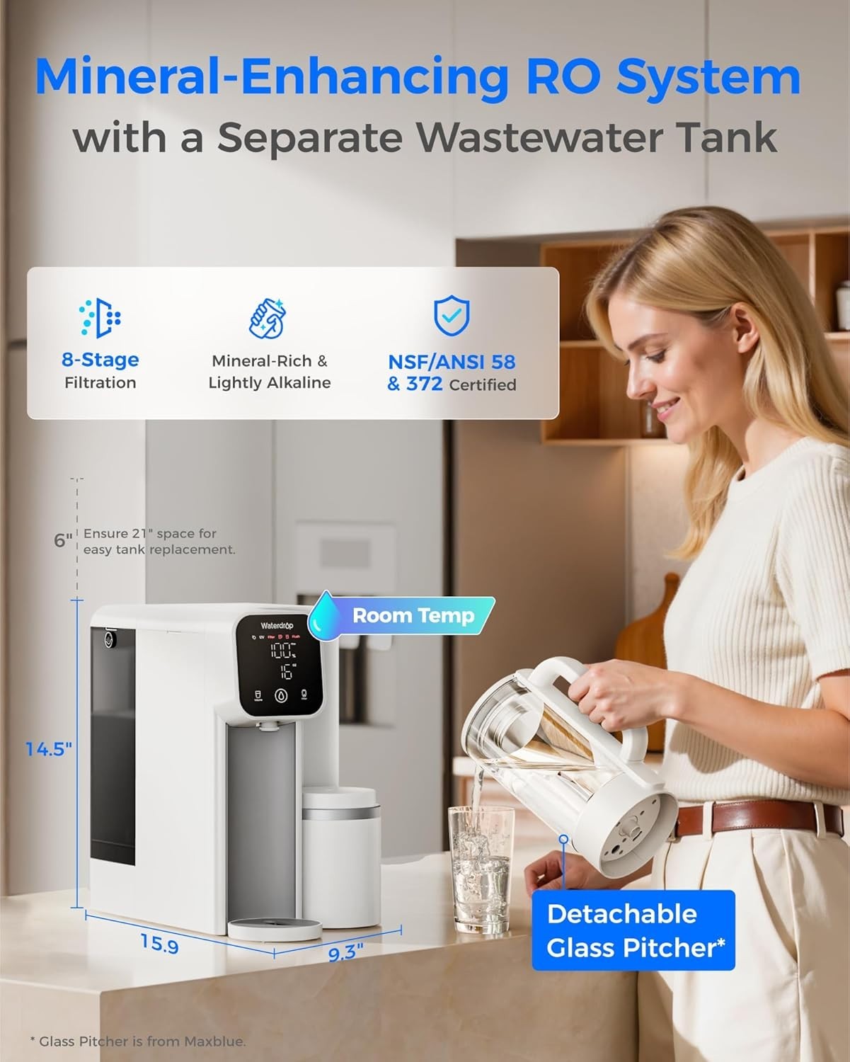 Waterdrop M6SL Mineral Reverse Osmosis System, Extra White Filter Pitcher