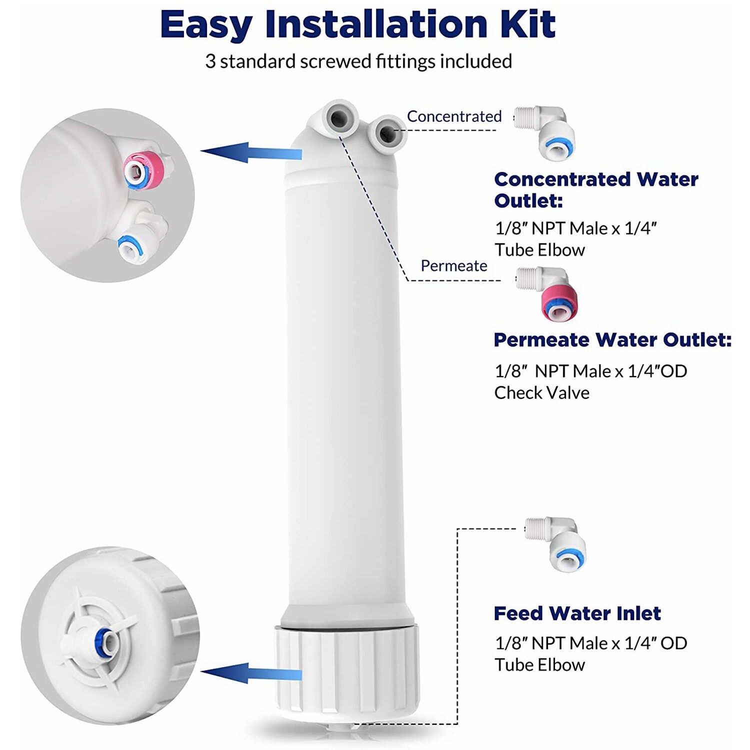 100 GPD RO Membrane Reverse Osmosis System Water Filter Housing+Fittings+Wrench