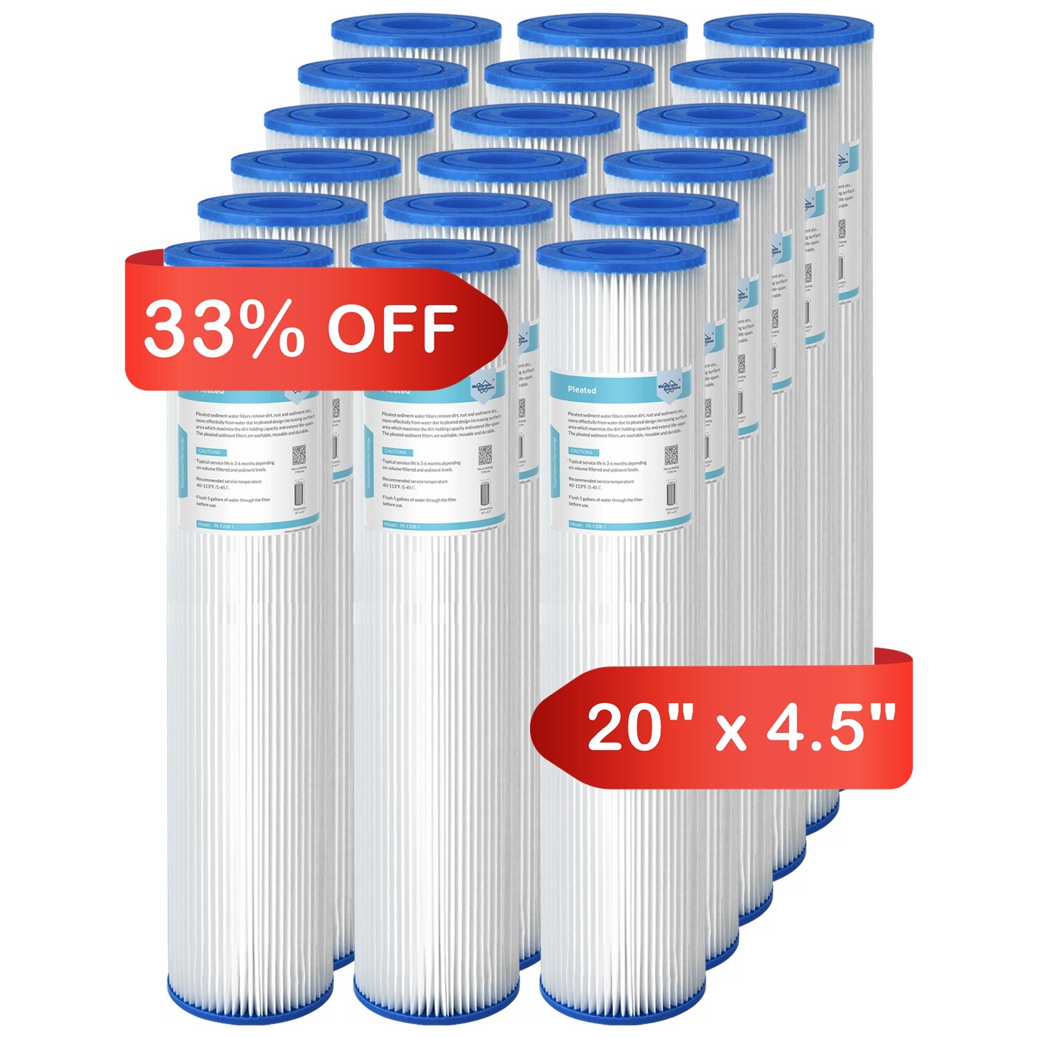 18 Pack 20″ x 4.5″ 5/20/50 Micron Washable Pleated Water Filter Fit for Big Blue