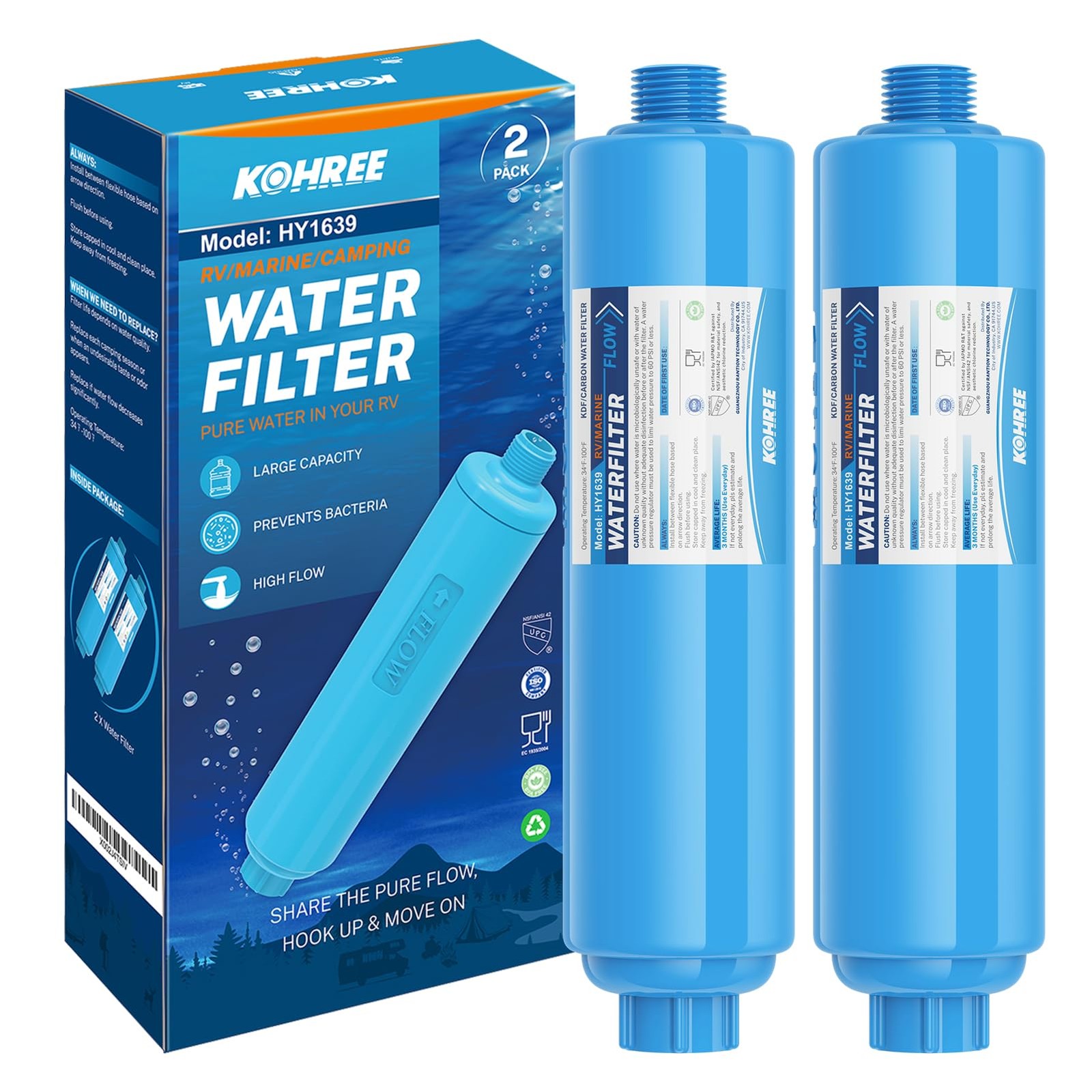 Kohree RV Water Filter, NSF Certified, Inline Filter 2 Count, Blue