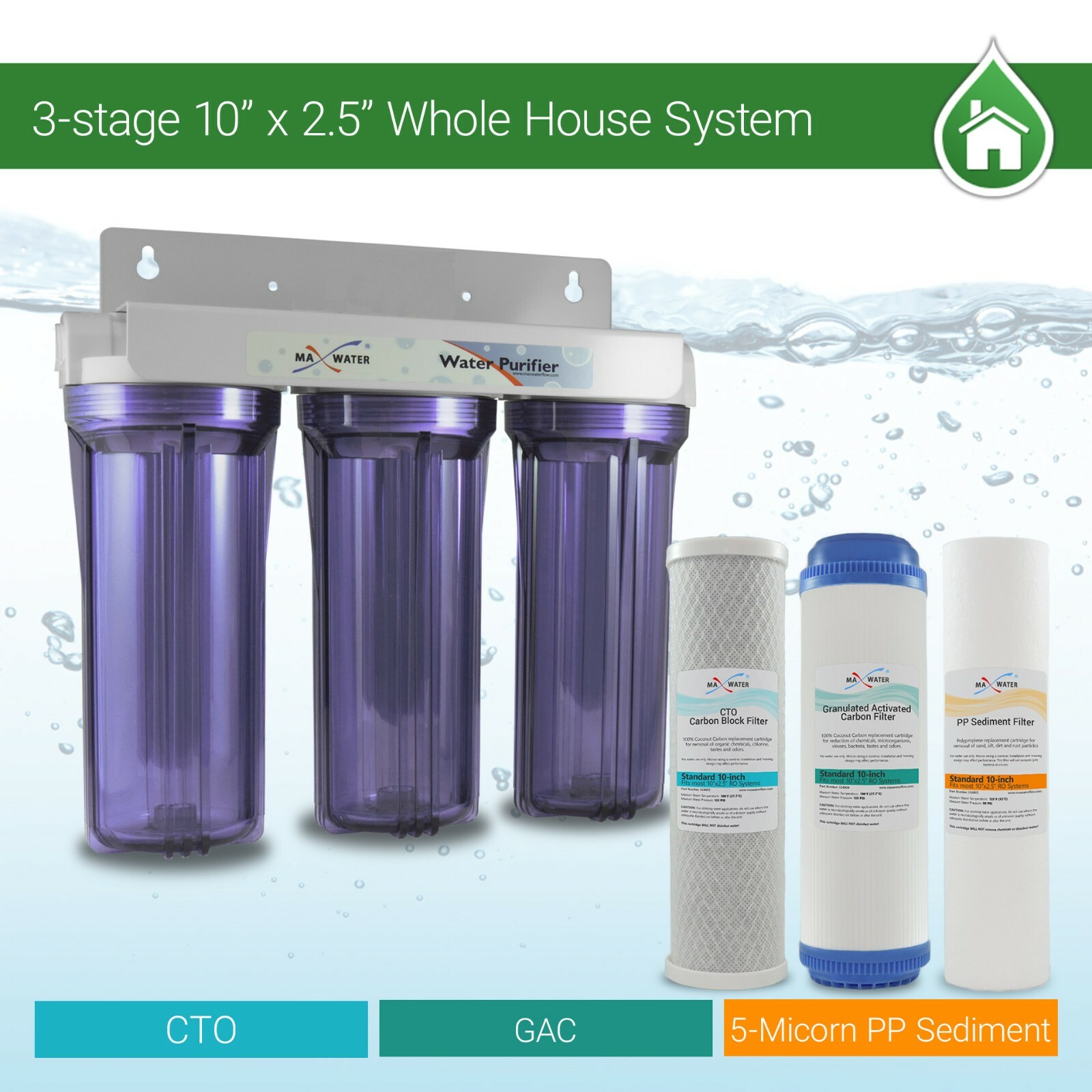 Whole House Water Filter System 2.5″ x 10″ Three Stage Filtration 3/4″ Inlet