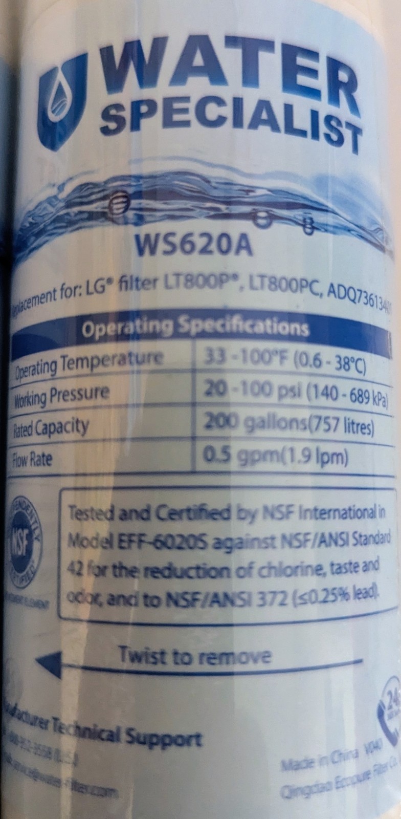 New WS620A Replacement Water Filter for LG Refrigerator Models