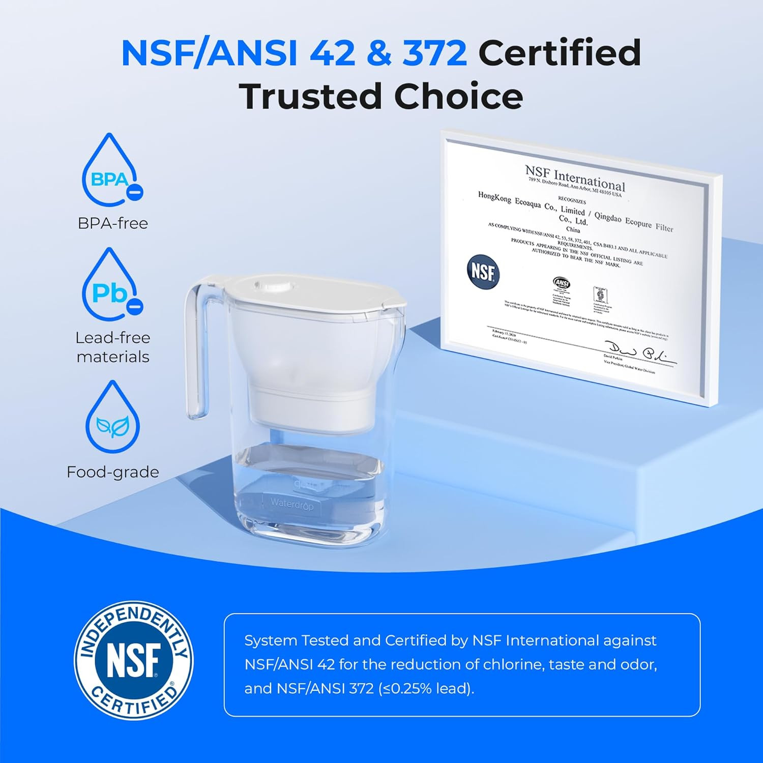 Water Filter Pitcher, 200-Gallon Long-Life, Countertop NSF Certified Water Purif