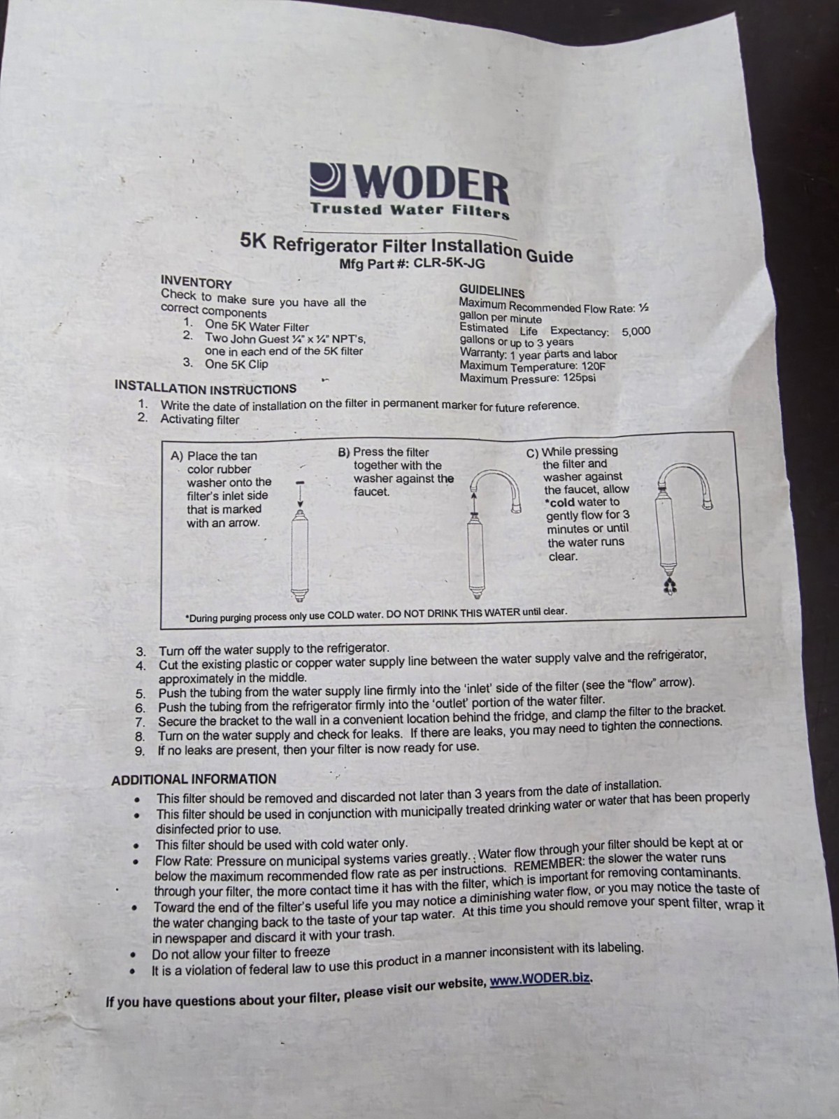 WODER CLR-5K-JG – Universal Inline Water Filter Cartridge 5,000 Gallon White