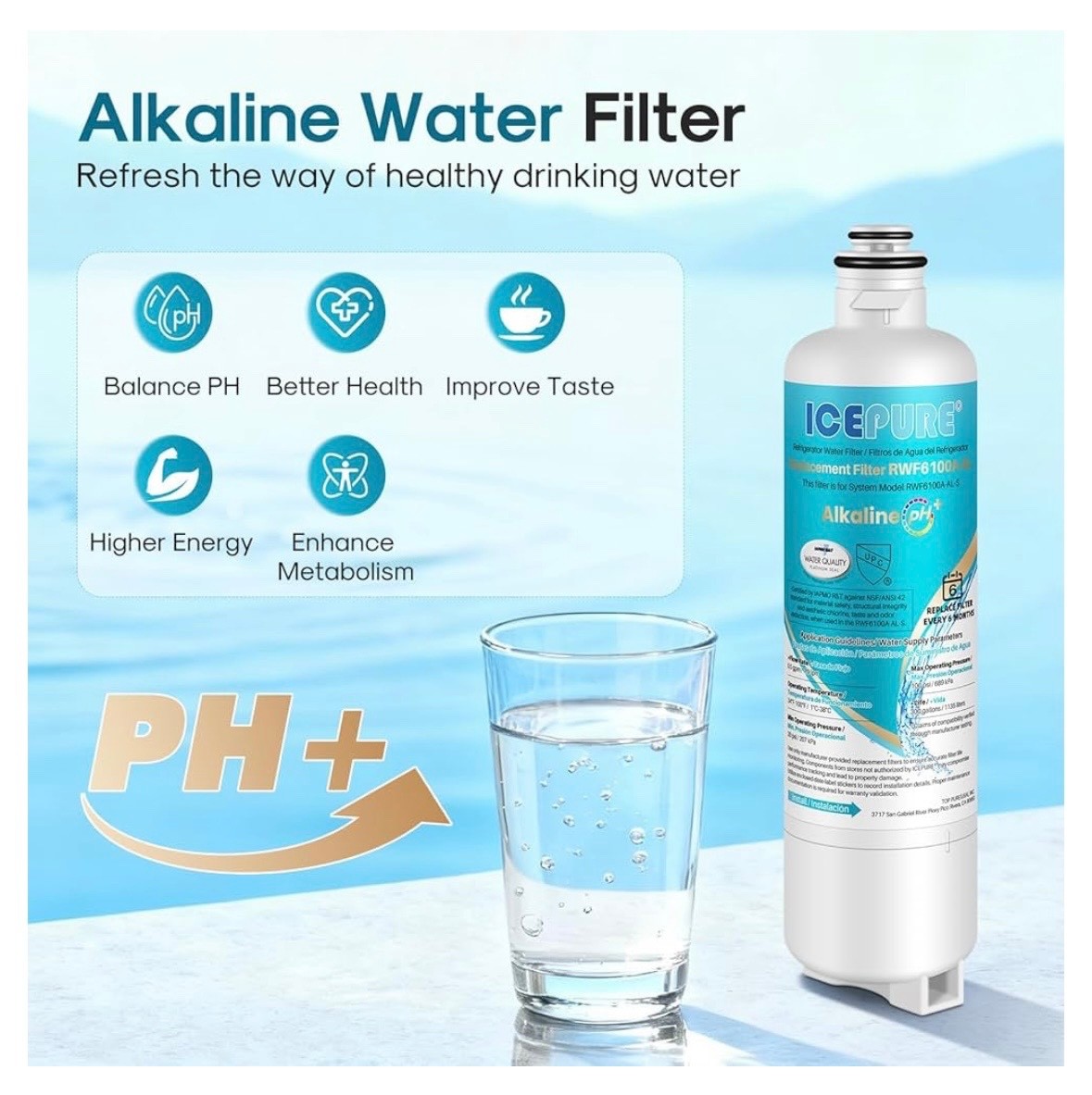3 PACK ICEPURE Alkaline BORPLFTR50 Water Filter Bosch Ultra Clarity RWF6100A-AL